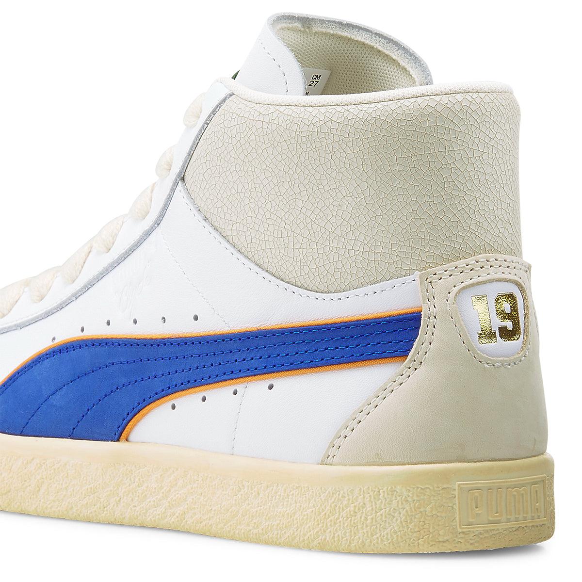 Rhuigi Clyde Mid Basketball Sneakers in White & Royal - Stylish High-Top Shoes for Men, Streetwear & Casual Wear