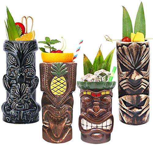 LINALL Tiki Mugs Cocktail Set of 8 - Ceramic Hawaiian Party Cups for Exotic Drinks, Tropical Themed Barware - Perfect for Luau, Beach Parties & Home Decor (8pcs)