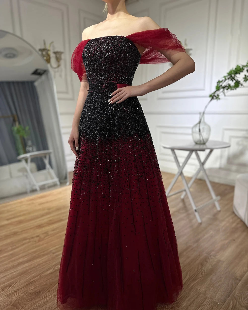 2025 Serene Hill Beaded Bling A-Line Evening Gown - Elegant Wine Red Gradual Change Luxury Dress for Women | Perfect for Parties, Galas & Formal Events