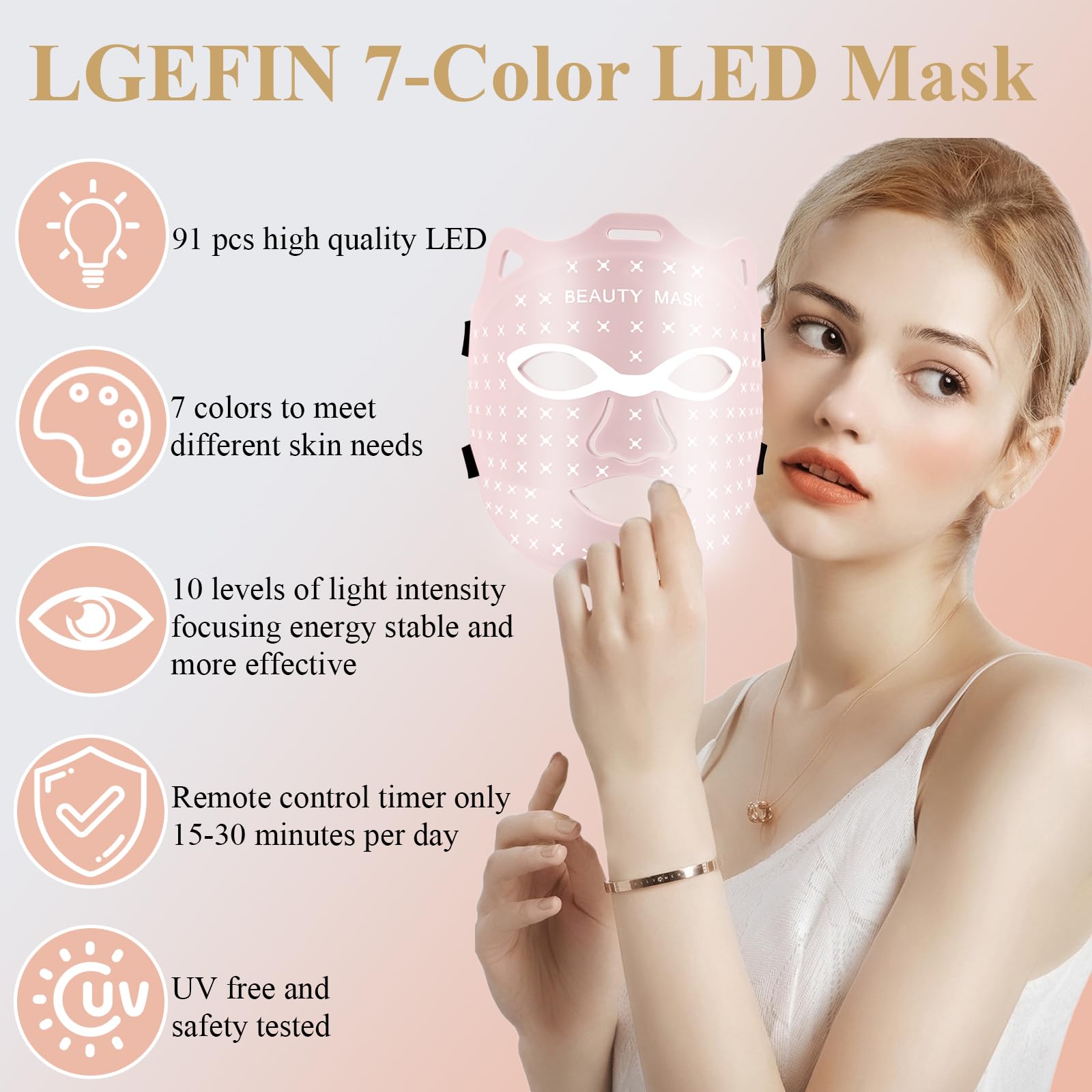 Red Light Therapy Face Mask - 7 Color LED Light Therapy for Skin Rejuvenation, Rechargeable & Portable Home Use (Pink) | Perfect for Anti-Aging, Acne Treatment & Relaxation at Home