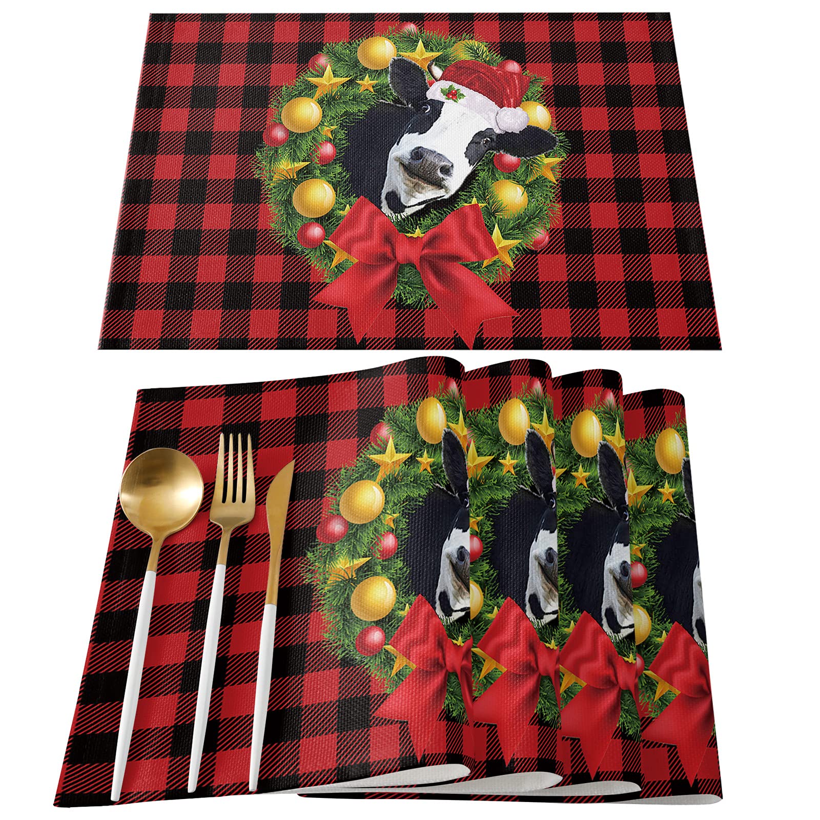 **Daleng Christmas Cow Placemats Set of 4 – Farmhouse Animal Red & Black Plaid, Durable Washable Non-Slip Heat Resistant Table Mats for Dining, Parties, BBQ, Winter Holidays & Farmhouse Decor**