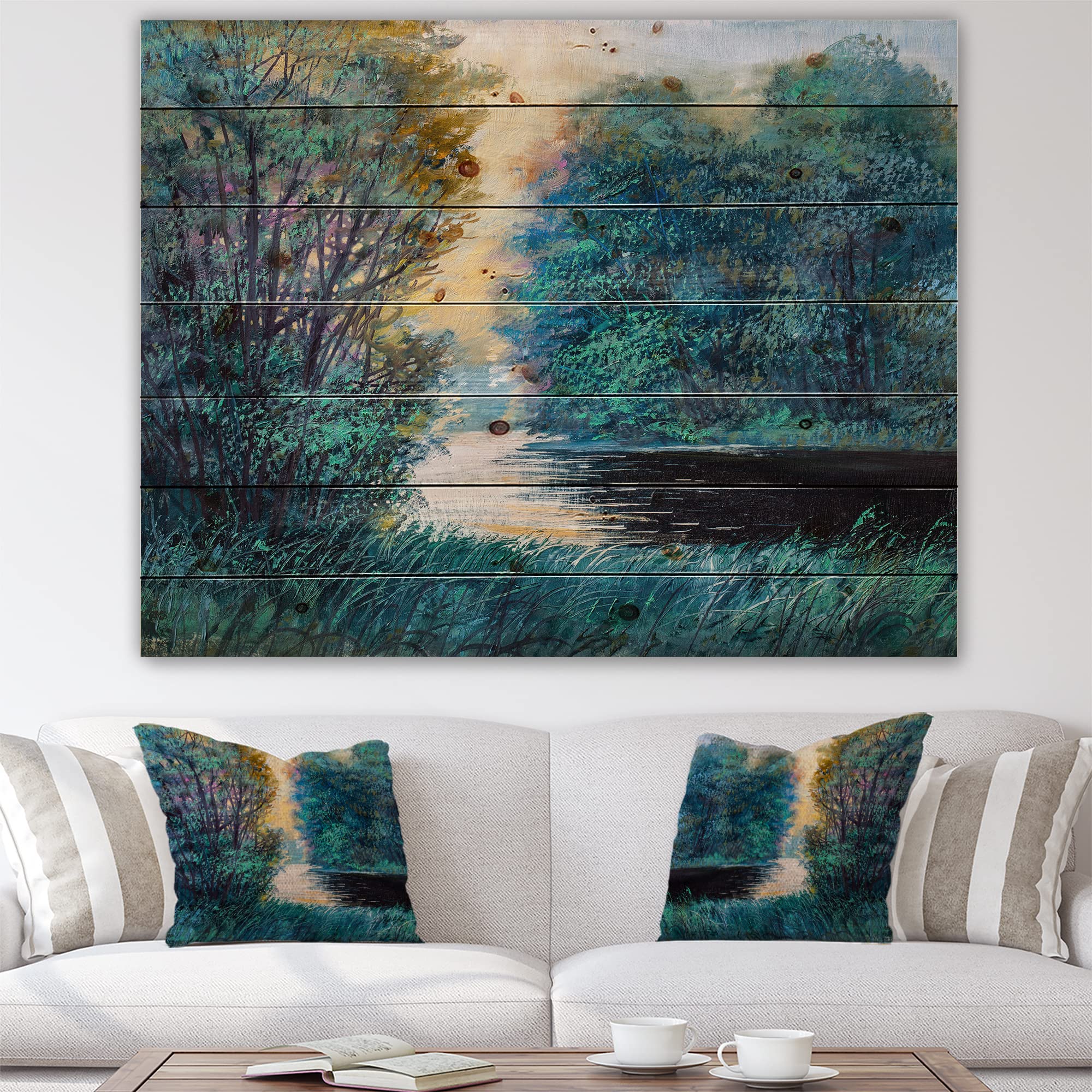 Farmhouse Wood Wall Decor - Summer Forest River Landscape Art Print on Natural Pine Wood, Blue Wood Wall Art for Living Room, Bedroom & Office