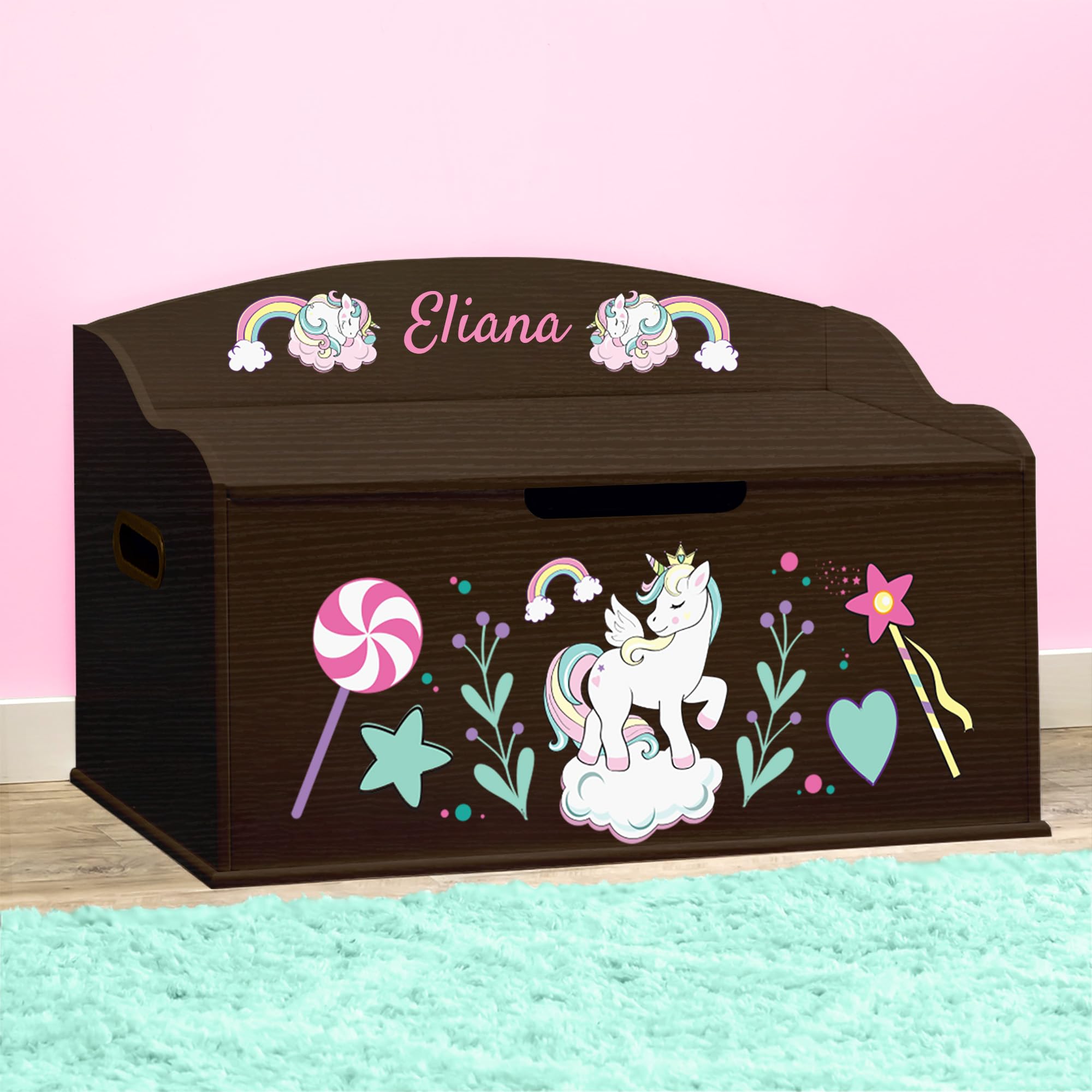 DIBSIES Personalized Creative Wonders Toy Box - Unicorns & Rainbows Design in Espresso Finish | Kids Room Storage Organizer for Toys, Books & Art Supplies | Perfect for Bedrooms, Playrooms & Daycares