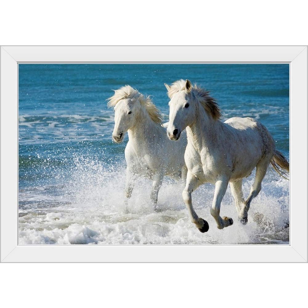 Camargue Horses Running on Beach - White Framed Wall Art Print - Elegant Horse Painting Decor for Living Room, Bedroom & Office