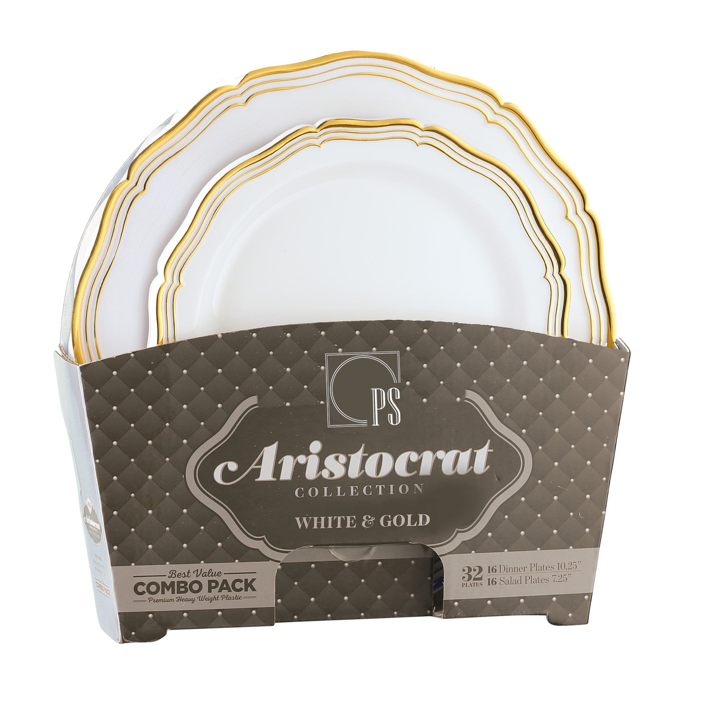 32-Piece White and Gold Round Plastic Dinnerware Set - 16 Servings Combo Pack by Aristocrat - Perfect for Parties, Picnics, and Outdoor Events