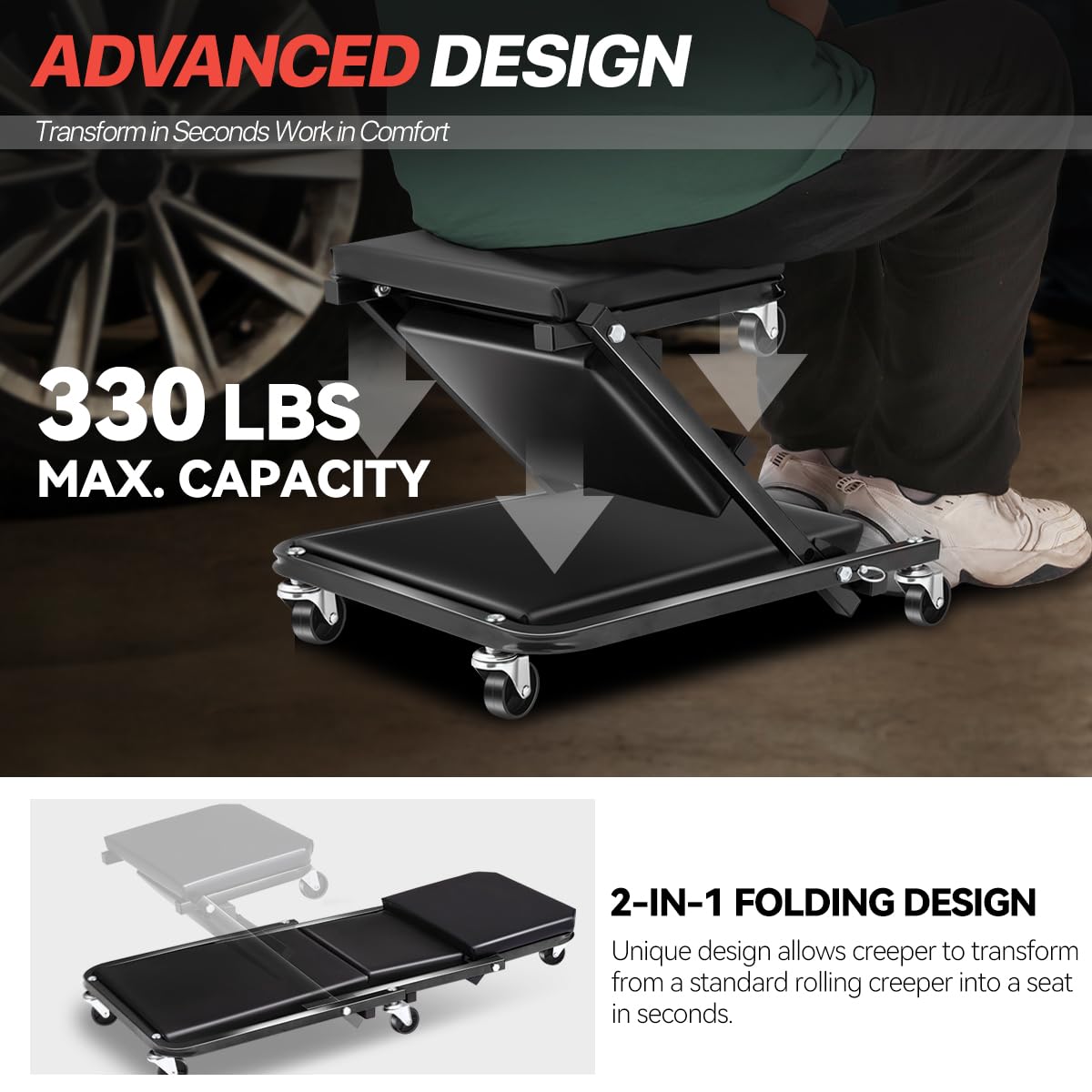 Foldable 2-in-1 Rolling Garage Z Creeper Car Seat - 36