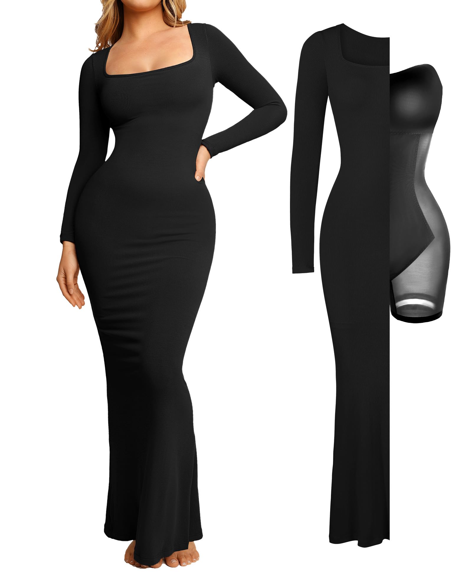 Popilush Women's Long Sleeve Bodycon Maxi Dress with Built-in Shapewear & Bra - Tummy Control Formal Cocktail Dress for Fall & Winter | Perfect for Parties, Weddings & Evening Events