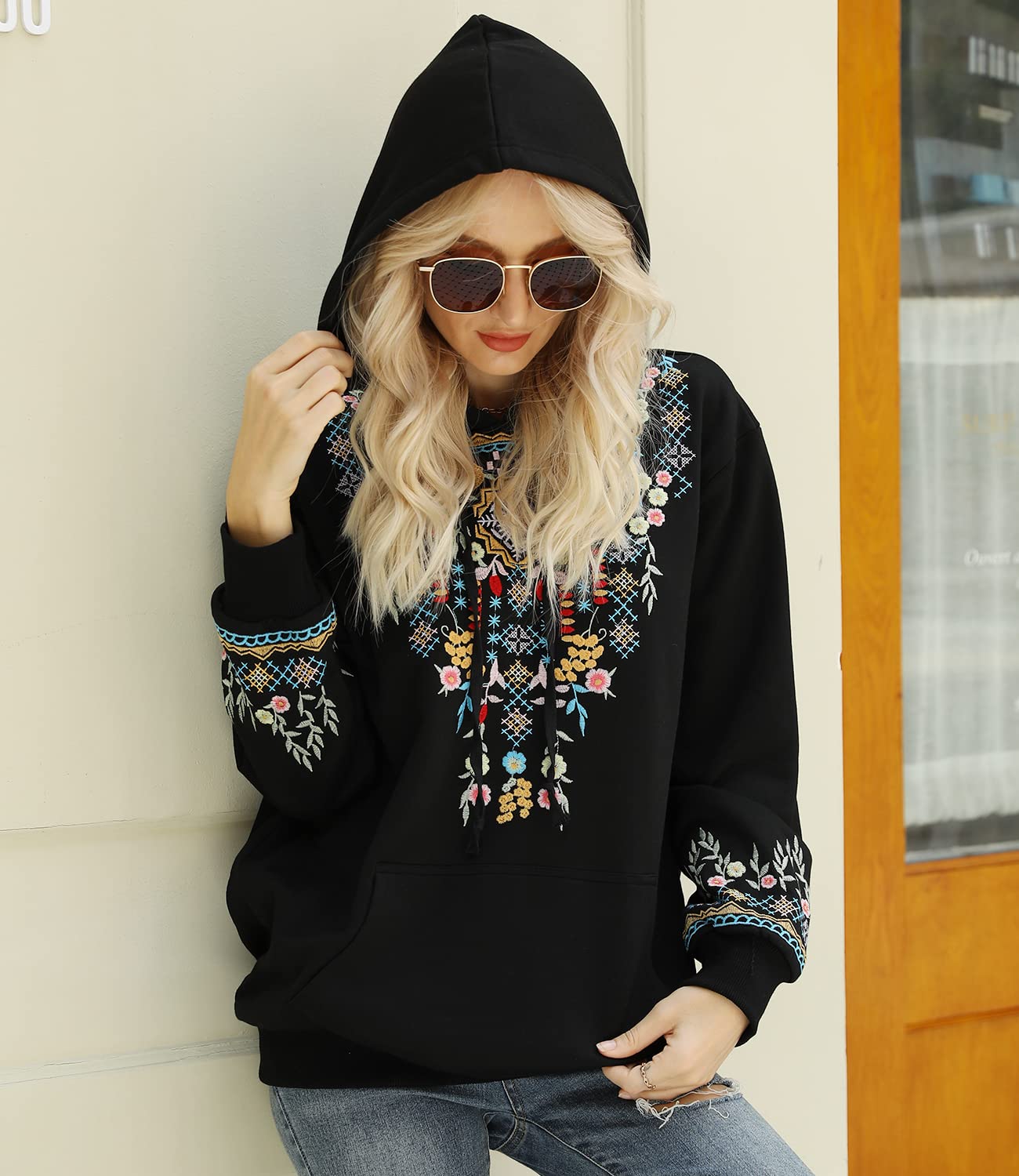 Higustar Women's Embroidered Hoodies - Mexican Cotton Sweatshirts, Bohemian Casual Long Sleeve Pullover with Pockets | Perfect for Fall Fashion, Cozy Loungewear & Outdoor Activities