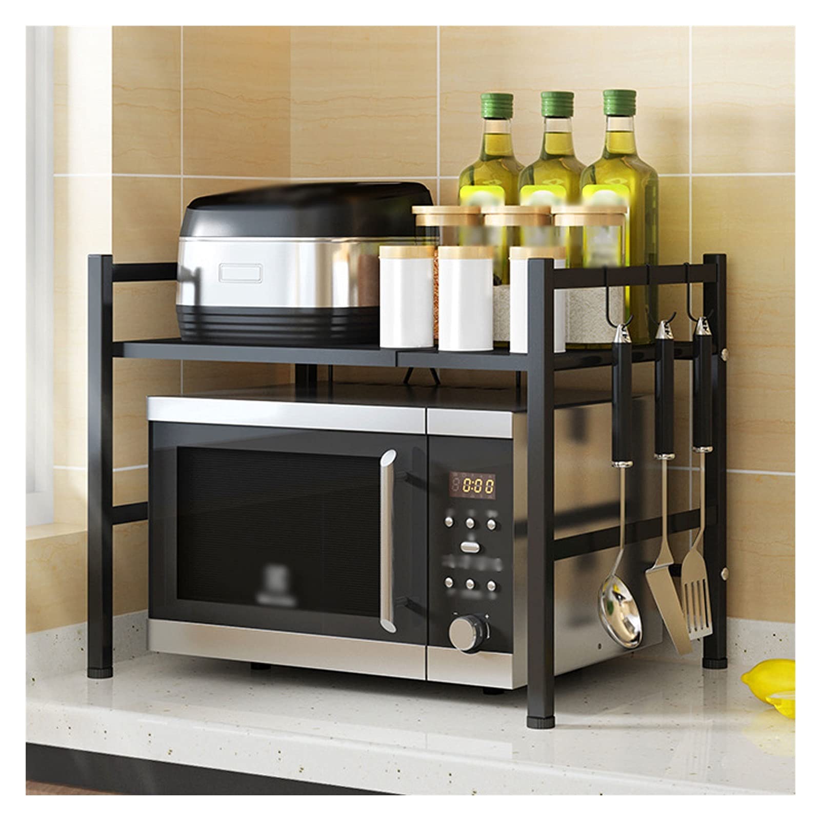 Adjustable 2-Tier Microwave Oven Rack - Extendable Kitchen Counter Organizer with 44lbs Weight Capacity, Black | Perfect for Small Kitchens & Countertop Storage