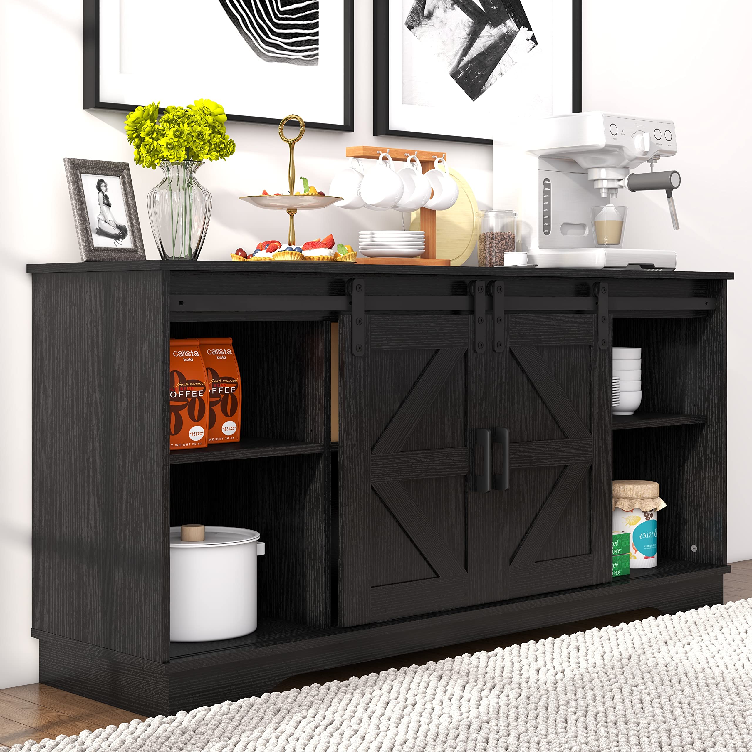Panana Bar Cabinet with Barn 2 Sliding Doors - Farmhouse Style Buffet Storage Cabinet & TV Stand in Black - Perfect for Living Room, Dining Room, or Home Bar Setup