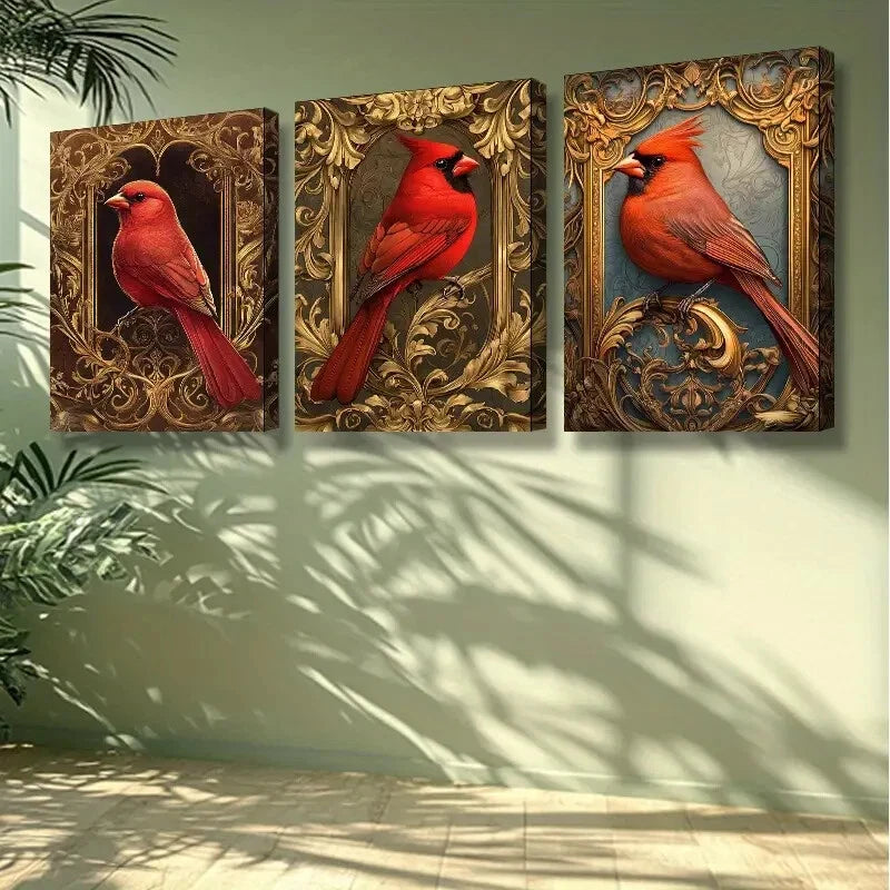 3-Piece Red Bird Art Painting Set - Framed Canvas Wall Decor 40x60cm - High Quality Print - 100% Australian Made - Ready to Hang - Perfect for Living Room, Bedroom & Office Decor