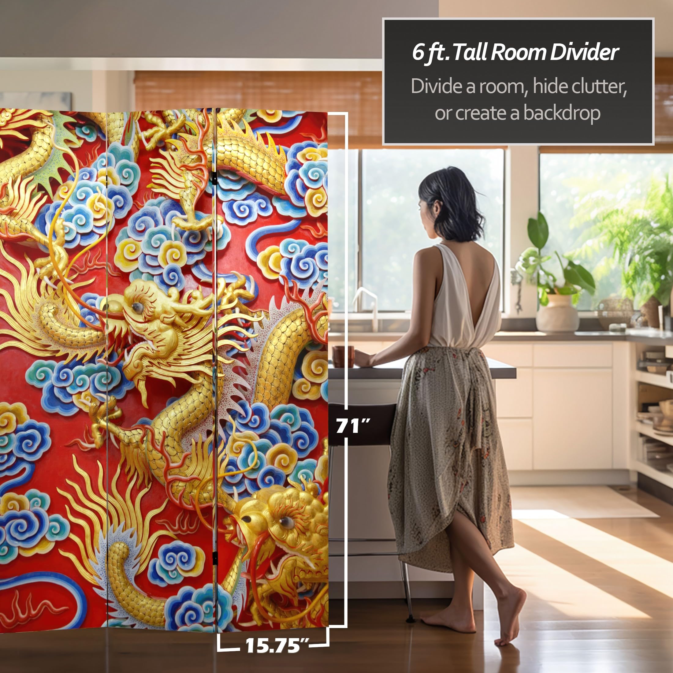 6 ft. Tall Double-Sided Red Lantern Dragon Room Divider - Black, White & Orange | Chinese Style Decorative Screen for Living Room, Bedroom & Office Partition