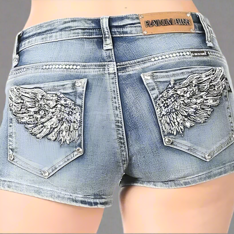 Stylish Women's Rhinestone Angel Wing Denim Shorts for Summer - Perfect for Casual Outings, Beach Trips & Night Out