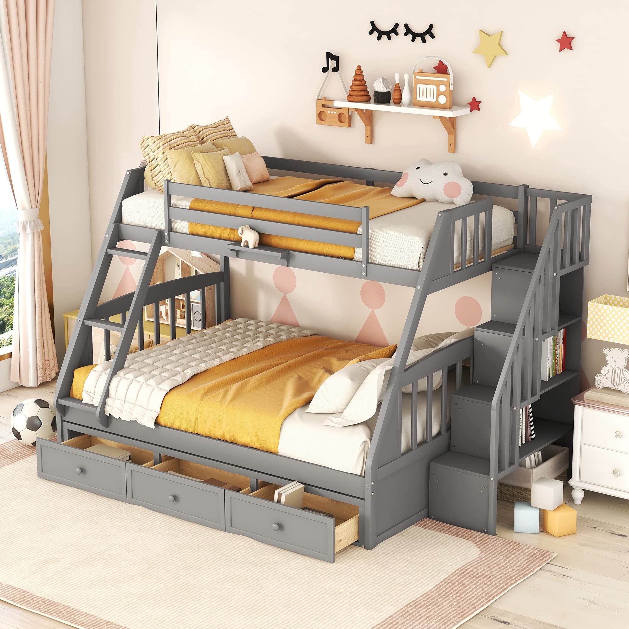 Solid Wood Twin-Over-Full Bunk Bed with Stairs & Storage - Kids Teens Adults Bedroom Furniture (Gray)