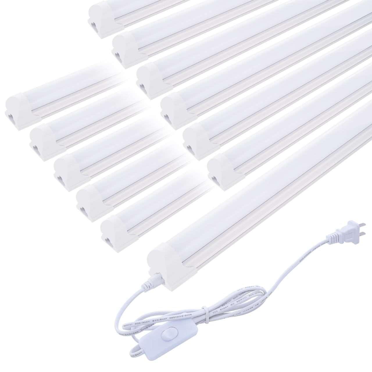 12-Pack 4FT LED Shop Light 24W T8 Integrated Tube Light with Milky Cover - 6000K Daylight White, ON/Off Switch Cable - Perfect for Household, Garage, Under Cabinet, Workshop, and Basement Lighting