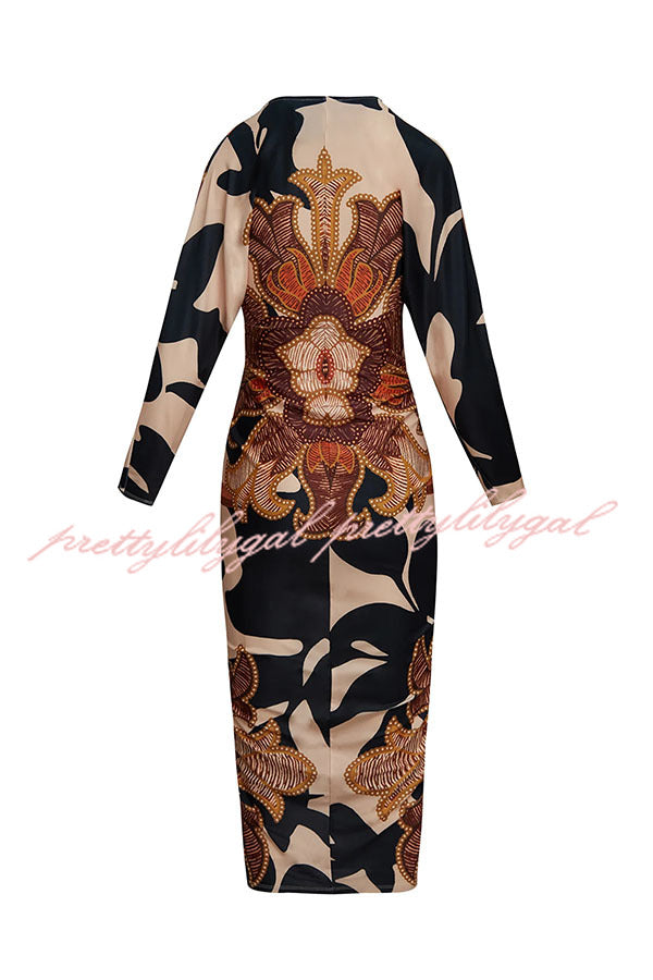 Verra Unique Print Dolman Long Sleeve Ruched Slit Midi Dress for Women | Flowy Boho Chic Dress for Casual Outings, Date Nights & Special Occasions
