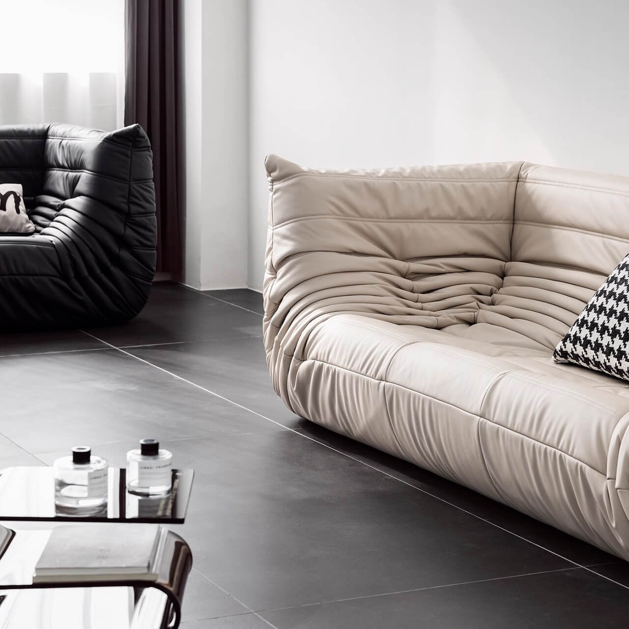 Premium Black Microfiber Leather Sofa - Ultra Comfortable Caterpillar Design, 70.87