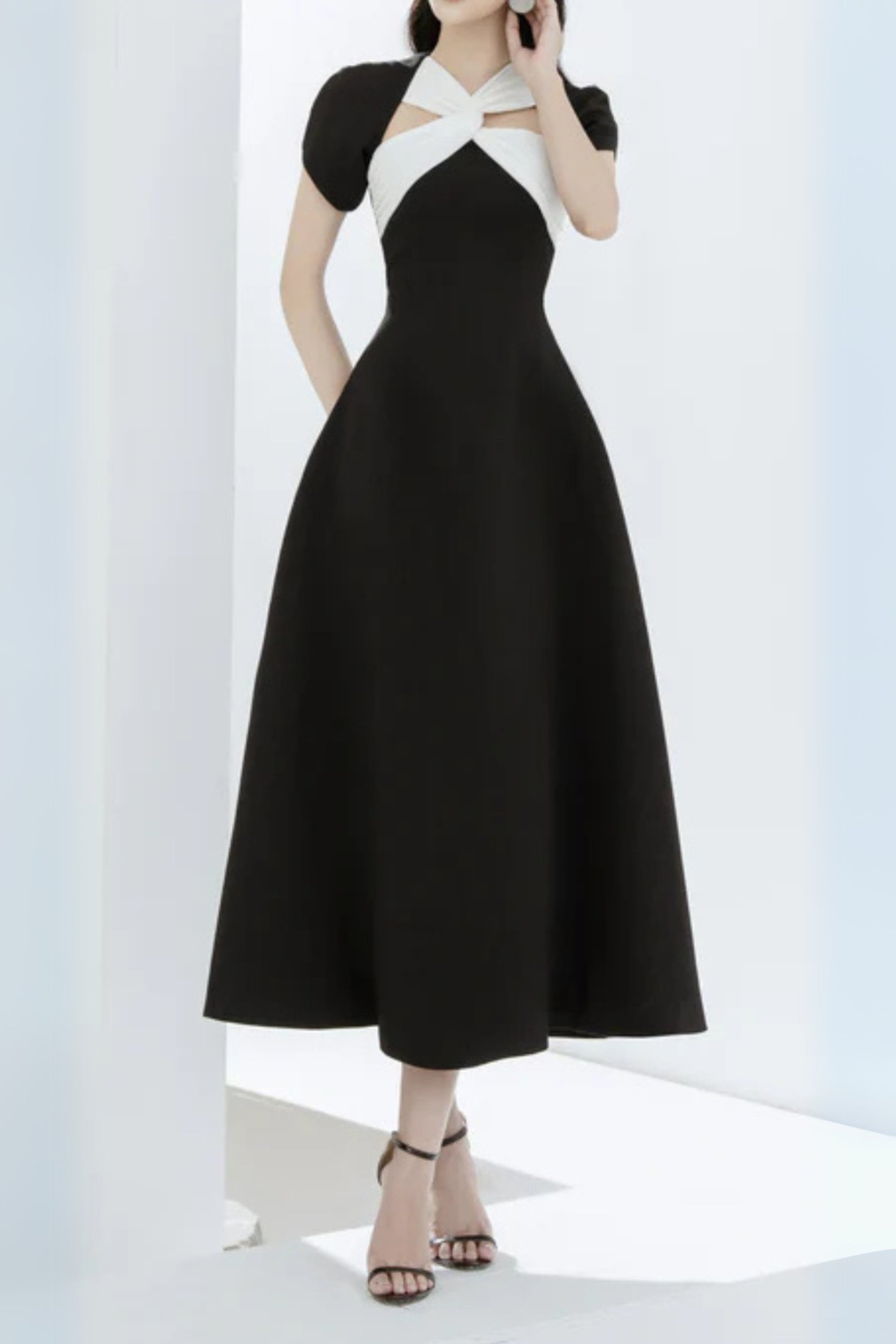 Andrea Black Cut Out Line Midi Dress - Elegant Party & Evening Wear for Women