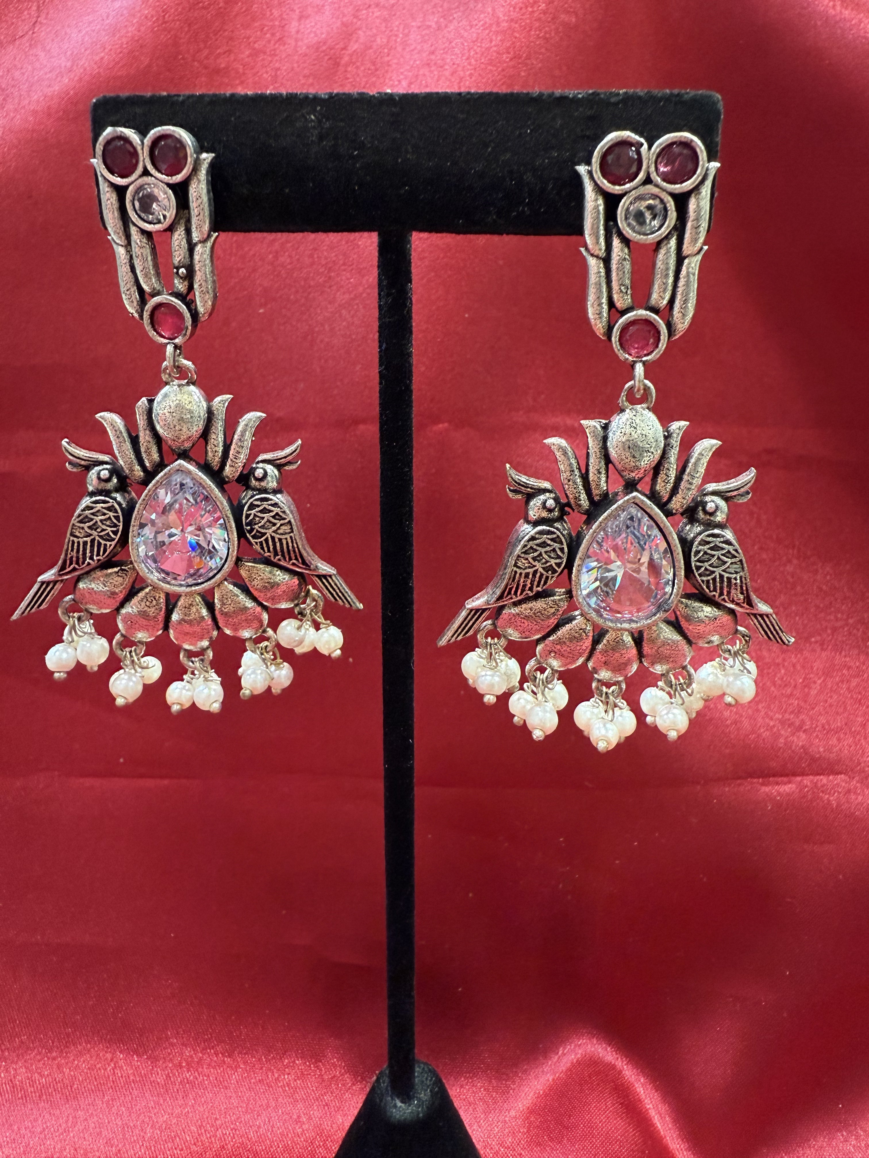 Elegant Silver & Magenta Stone Bird Design Oxidized Beaded Earrings for Women - Perfect for Parties, Weddings & Special Occasions