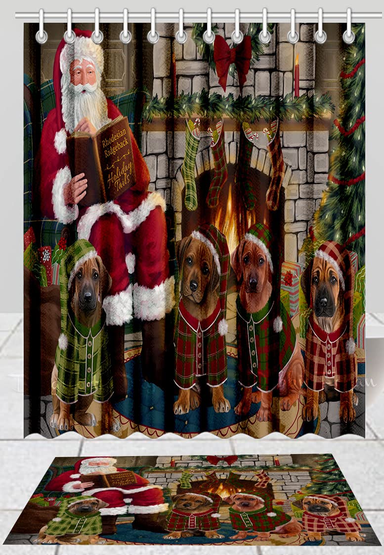 Christmas Holiday Fire Tails Rhodesian Ridgeback Dogs Shower Curtain & Bath Mat Set - Anti-Slip Polyester Bathroom Decor with Hooks (Bath Mat 16