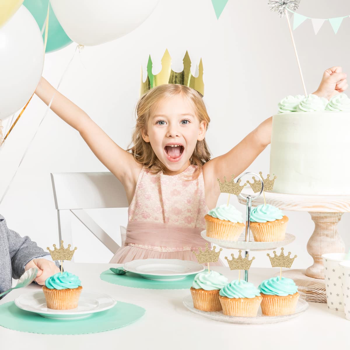 48 Pcs Light Gold Glittery Princess Crown Cupcake Toppers - Elegant Cake Decorations for Baby Shower, Birthday Party & Wedding Celebrations - Perfect for Dessert Table, DIY Baking & Special Event Decor