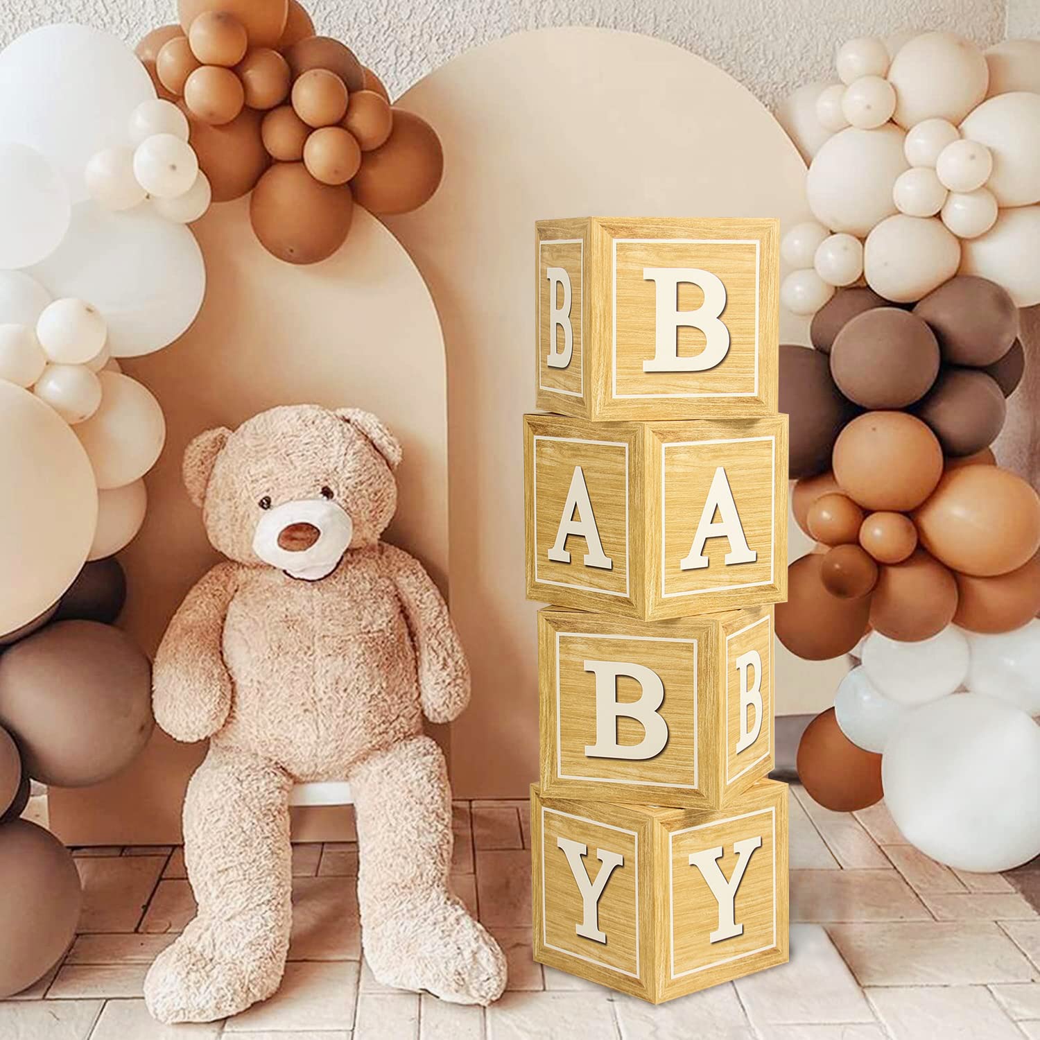 Baby Shower Decorations - 4 Wood Grain Blocks with Printed BABY Letters, Birthday Party Paper Balloon Boxes & Teddy Bear Supplies for Gender Reveal Backdrop | Perfect for Baby Showers, Birthday Parties & Nursery Decor