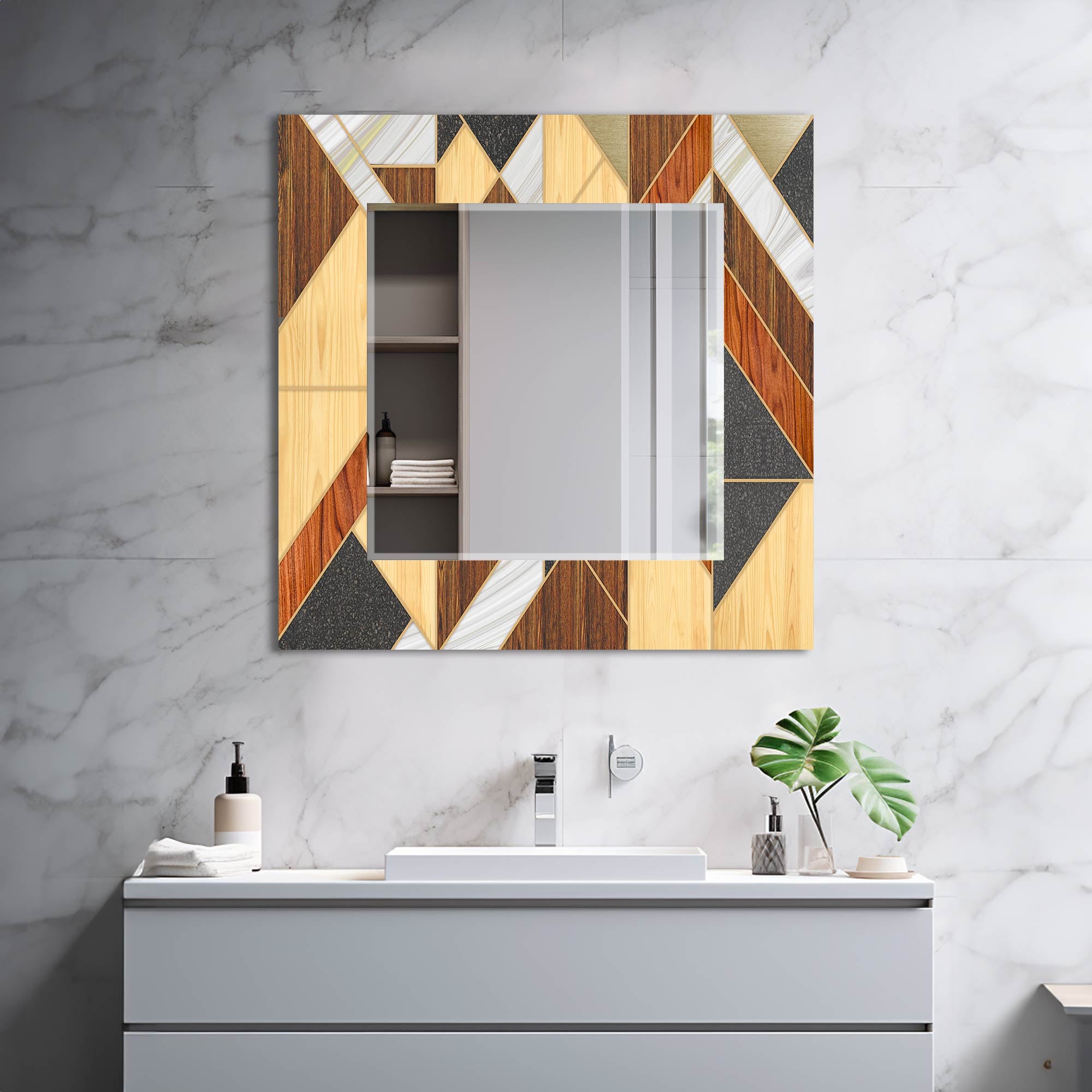 Stylish Wooden Framed Tempered Glass Wall Mirror - Elegant Home Decor for Bedroom, Bathroom & Living Room - Shatterproof & Durable Design for Daily Use