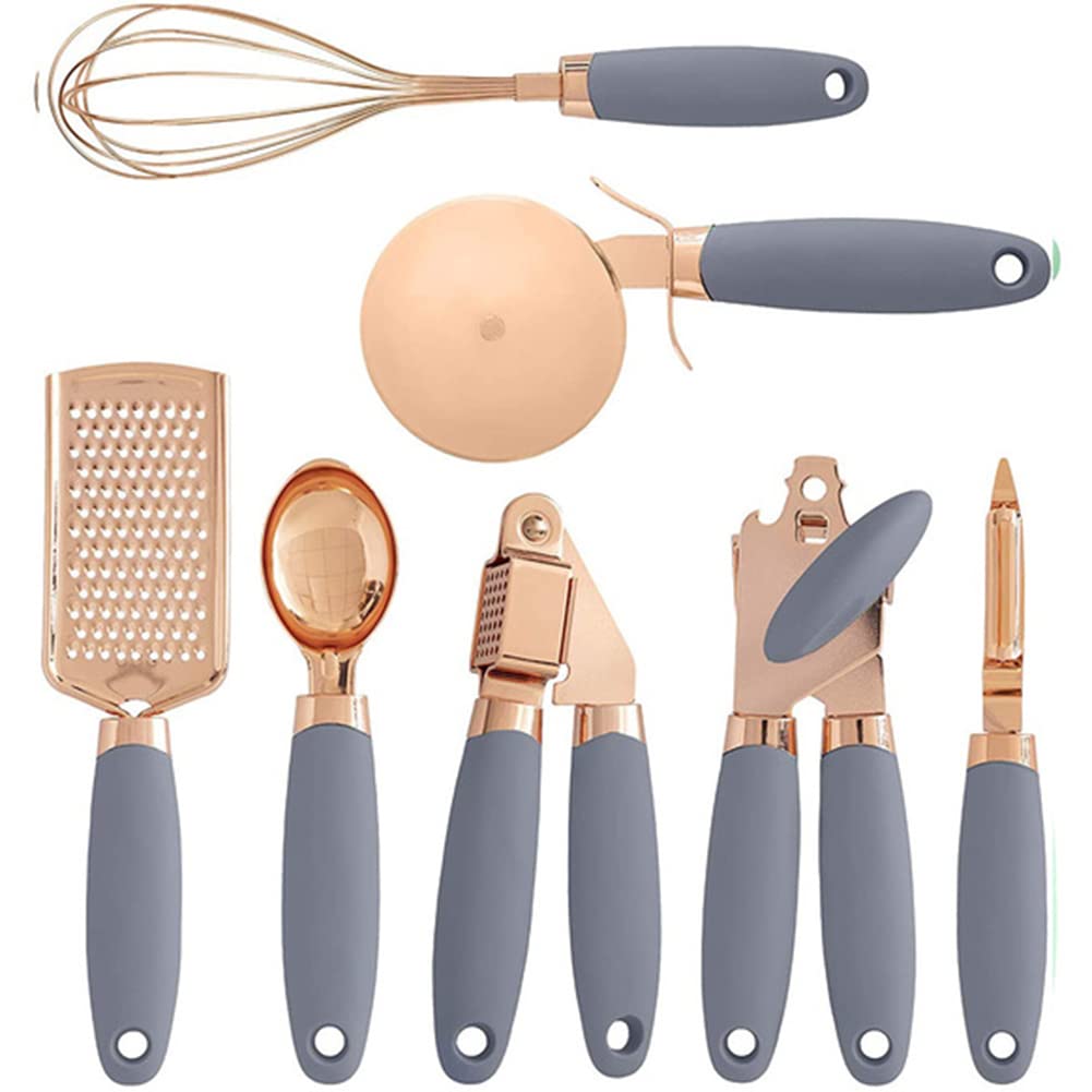 Premium Stainless Steel Kitchen Utensil Set - Can Opener, Pizza Peeler, Cheese Knife, Garlic Press & Baking Tools with TPR Handle (Gray) for Cooking, Baking & Food Prep | Ideal for Home Chefs & Professional Kitchens