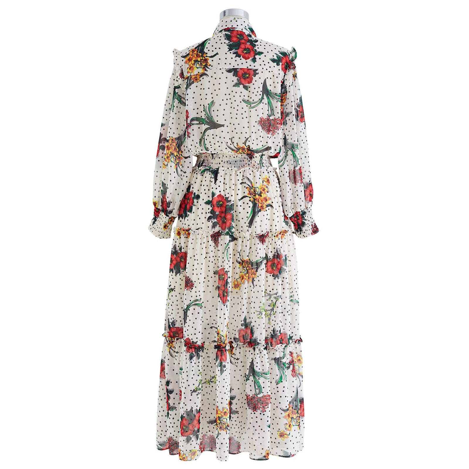 Chicwish Women's Polka Dot Floral Print Chiffon Maxi Dress - Elegant Summer Beach Wedding Party Dress with Flowy Long Skirt