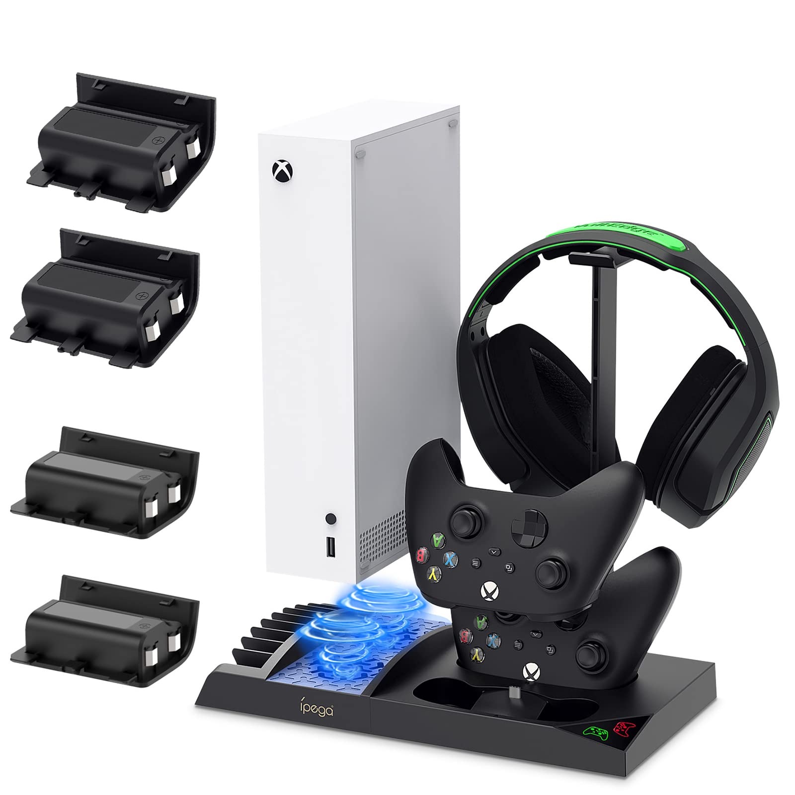 YUANHOT Xbox Series S Cooling Fan Stand with 4-Pack 1400mAh Rechargeable Batteries - Vertical Charging Dock Station with Controller Charger Port & Cooling System for XSS - Black - Perfect for Gaming Marathons & Overheating Protection