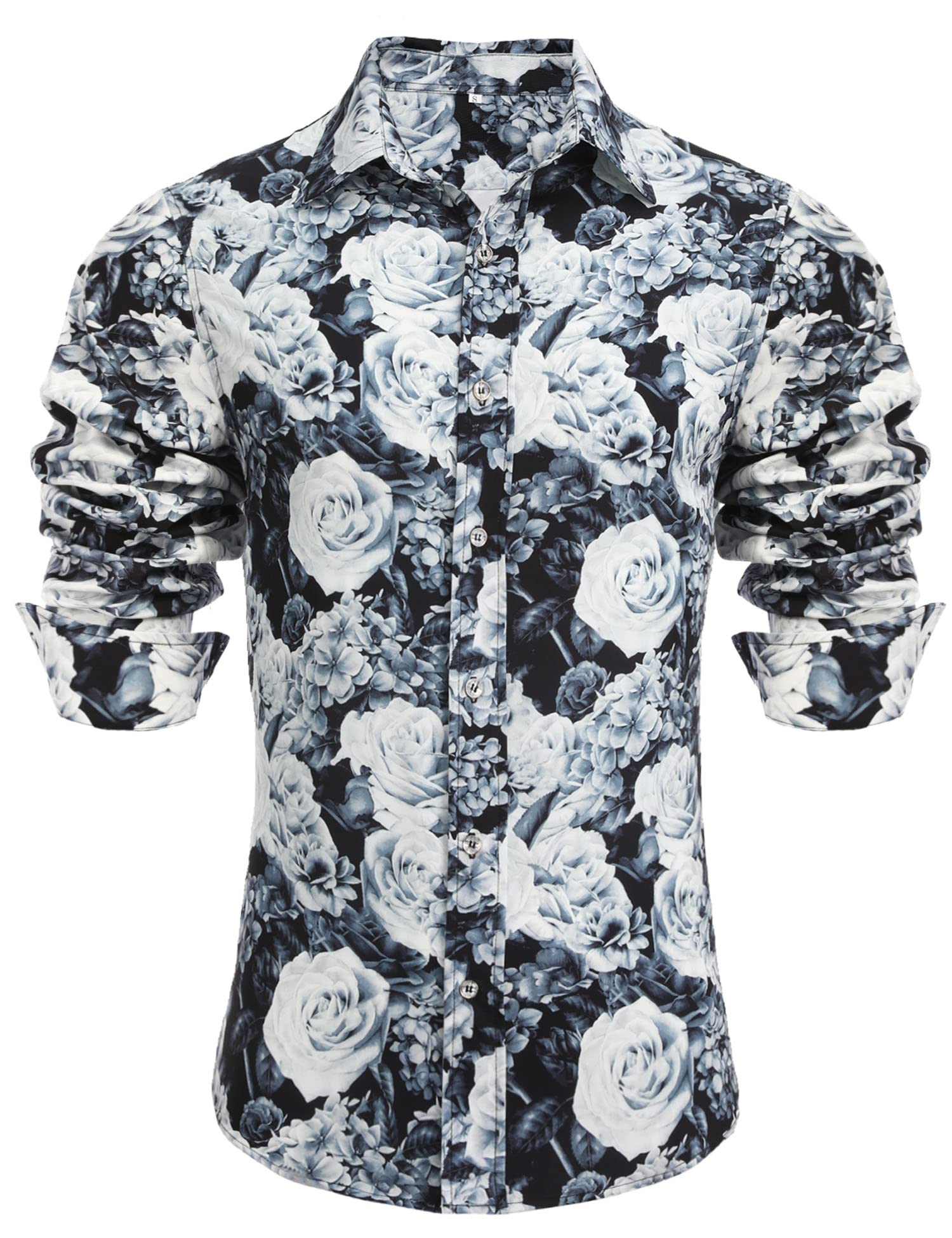 Daupanzees Men's Long Sleeve Rose Print Dress Shirt - Stylish Casual & Formal Wear for Office, Date Night & Special Occasions