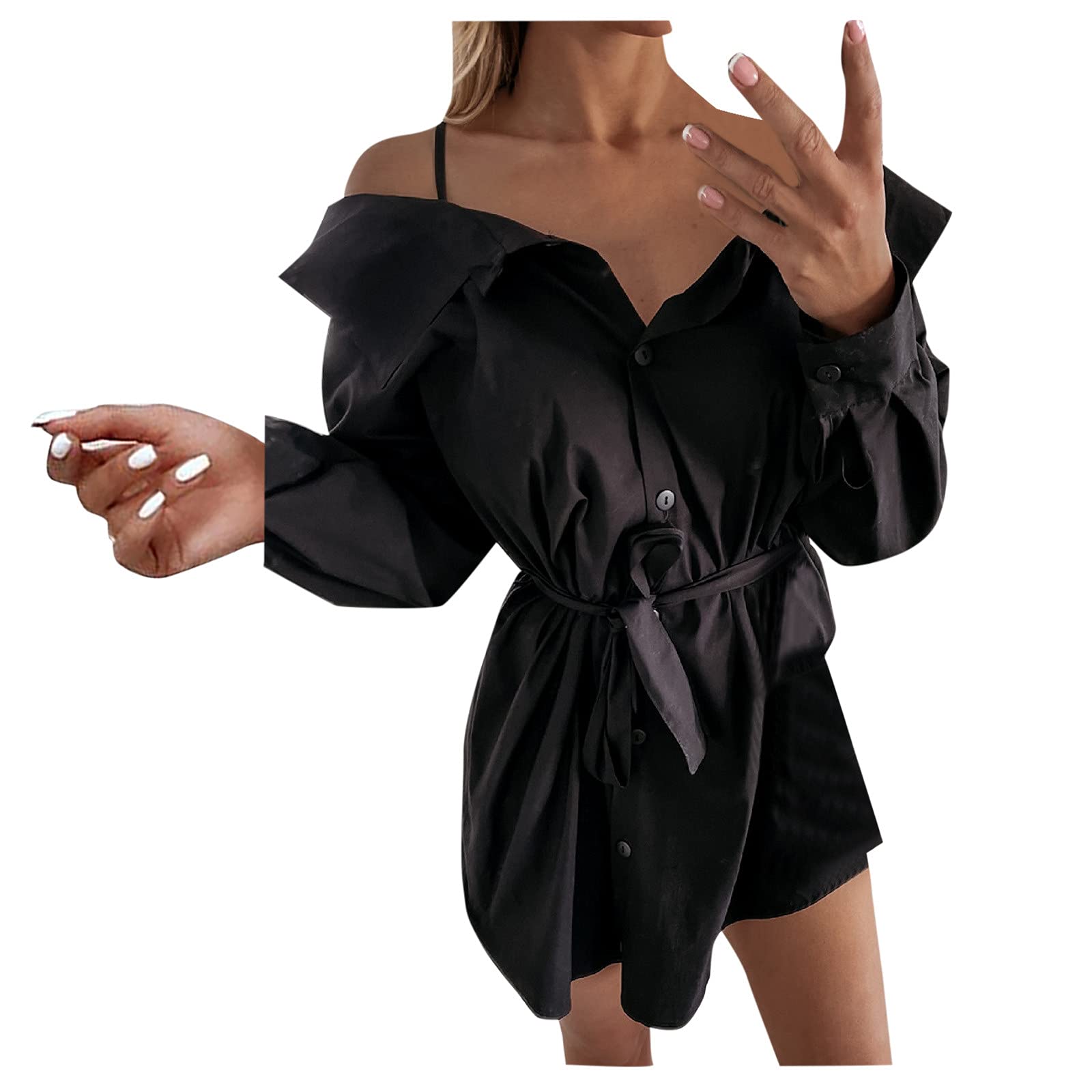 Women's Halter Off-The-Shoulder Shirt Dress - Long Sleeve Loose Fit Solid Color Fashion Skirt | Perfect for Casual Outings, Beach Cover-Ups & Summer Parties