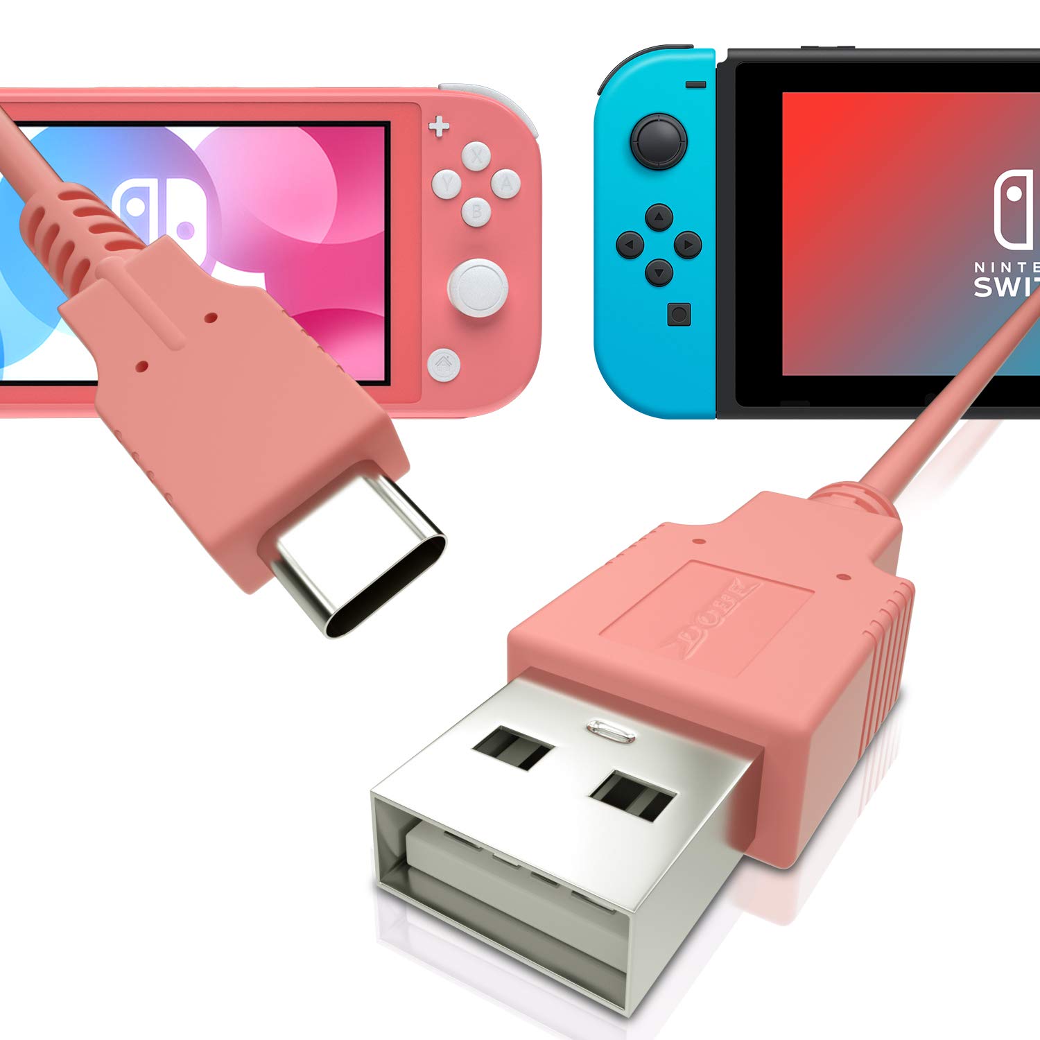 ECHZOVE Fast Charging Cable for Nintendo Switch & Pro Controllers - 4.92ft Coral USB-C Cable | Perfect for Gaming Sessions, Travel & Home Use