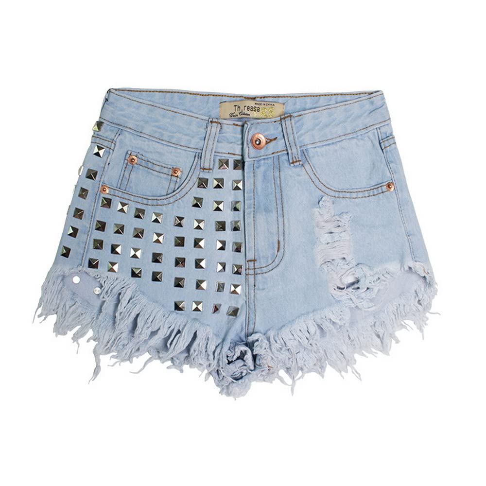COMLIFE Women's Distressed Denim Shorts with Tassel Hem & Studded Details - Mid Waist High Rise Jean Shorts for Summer Casual Wear, Beach Outfits, and Street Style Fashion