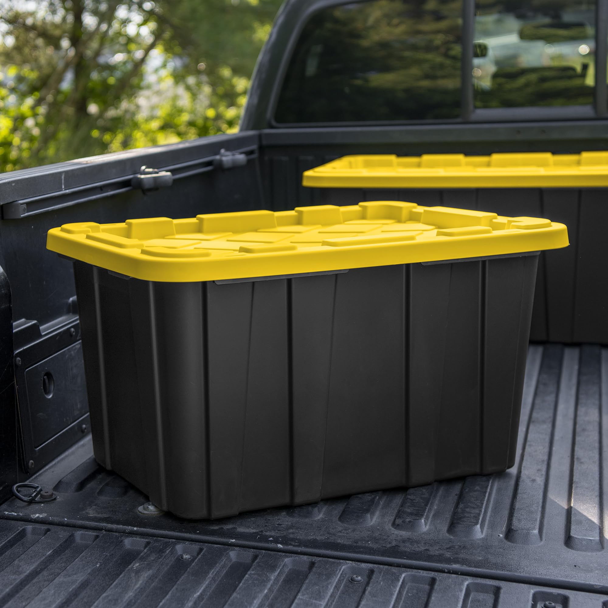Sterilite 6-Pack Heavy Duty Stackable Storage Bins with Lids - 27 Gallon Black & Yellow Plastic Totes for Home Organization, Garage, and Office Storage