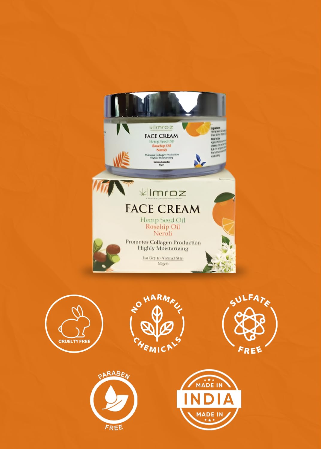 Imroz Face Cream 50gm - Hydrating & Moisturizing Daily Cream with Neroli, Hemp Seed & Rosehip Oil for Glowing Skin | 24-Hour Hydration | Lightweight, Non-Greasy Formula for Normal to Dry Skin | Men & Women | Perfect for Day & Night Skincare Routine