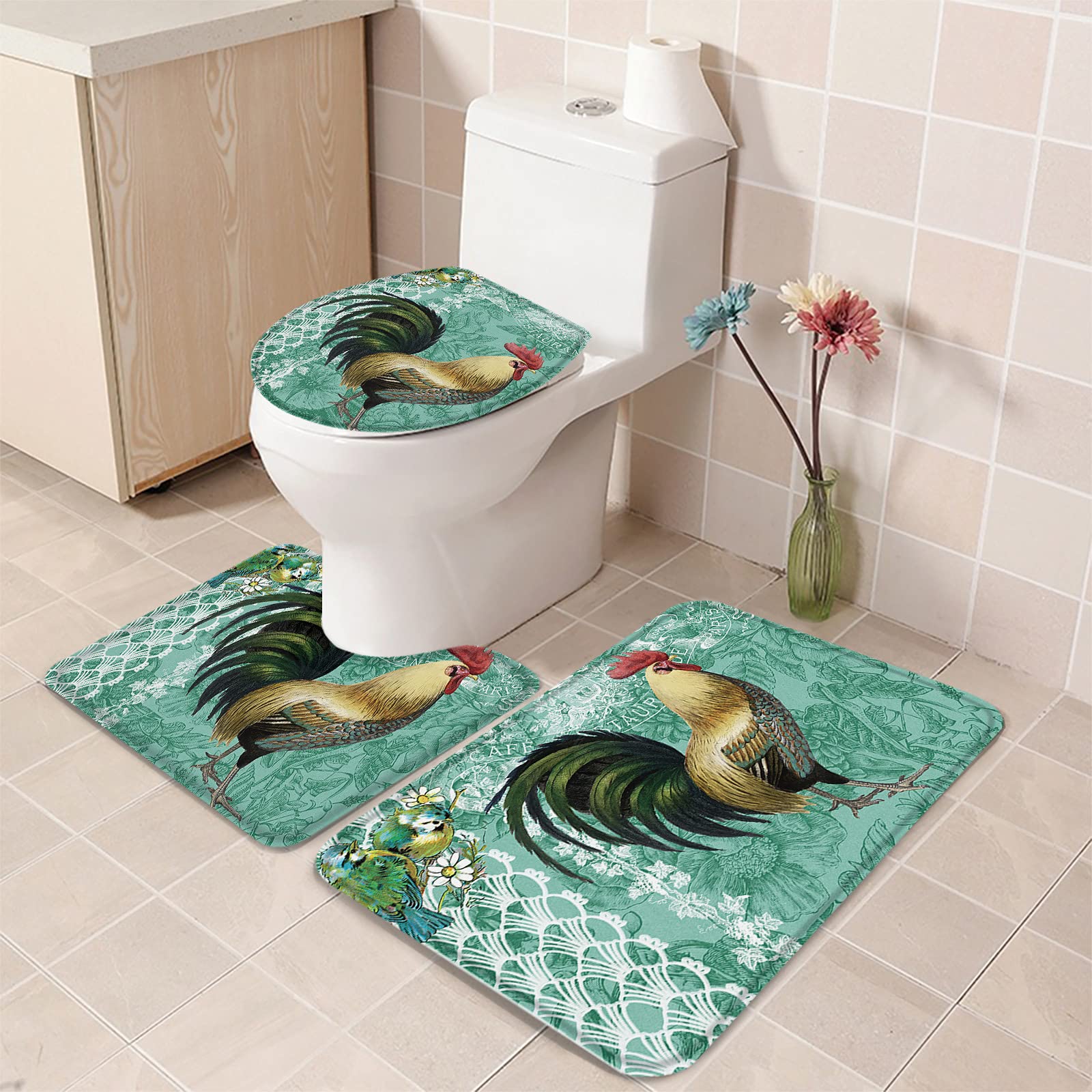 Vintage Farm Rooster Non-Slip 3-Piece Bathroom Rug Set - Absorbent Contour Mat, Toilet Lid Cover & Soft Shower Mat with Green Backdrop | Perfect for Farmhouse, Cottage & Vintage Style Bathrooms