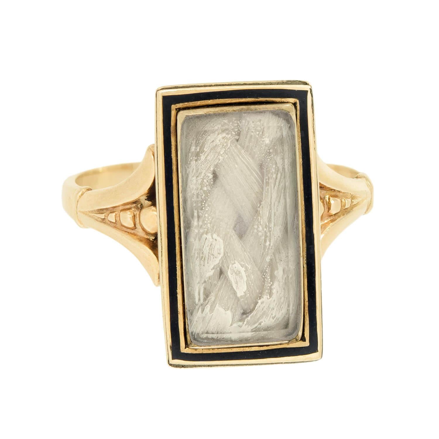 Victorian 14K Gold Enamel & Woven Hair Mourning Ring - Antique Jewelry for Collectors, Historical Reenactment & Gothic Fashion Accessory