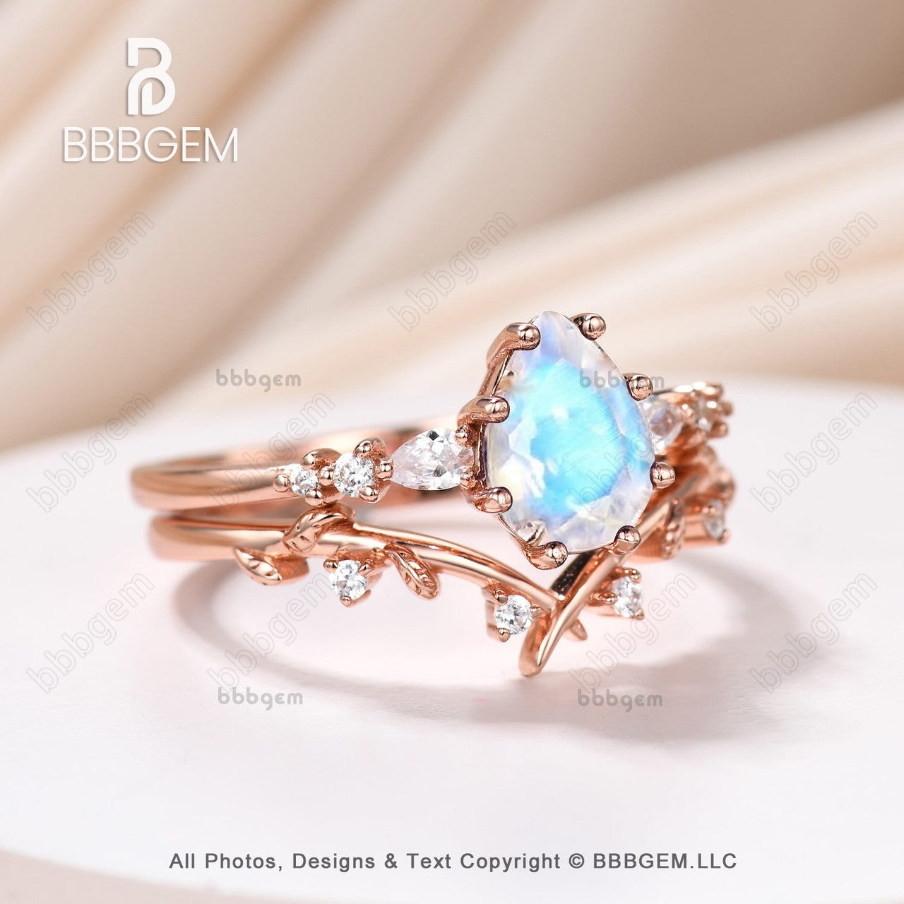 Pear Cut Moonstone & Moissanite Promise Ring Set for Women - Nature Inspired Leaf Stacking Band - Perfect for Engagement, Wedding, Anniversary Gifts & Everyday Boho Jewelry