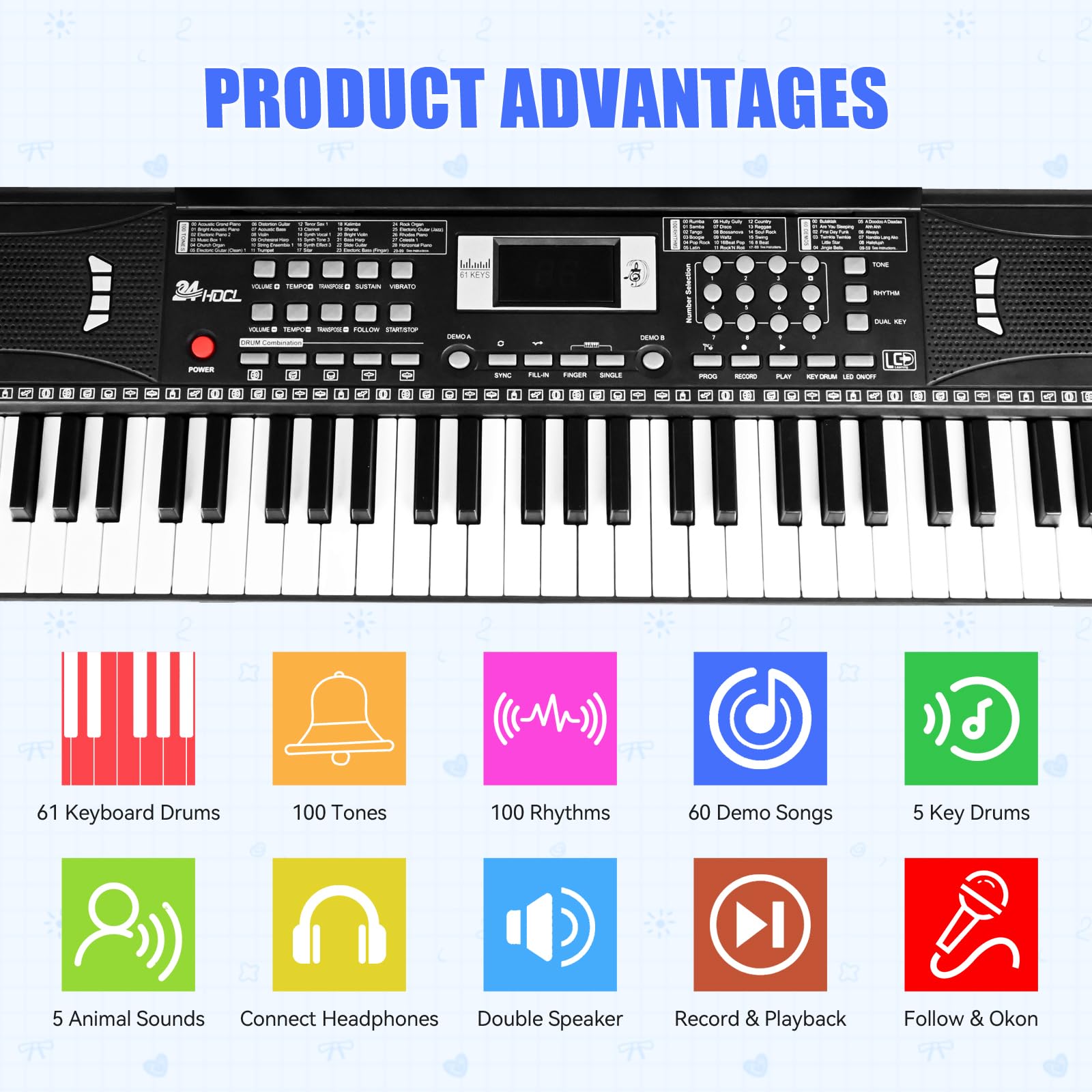 61-Key Kids Electric Piano Keyboard with Lighted Keys, 100 Voices & Rhythms, Includes Microphone - Perfect for Beginners, Home Learning & Birthday Gifts (Black) - Ideal for Music Lessons, Family Entertainment & Early Childhood Education