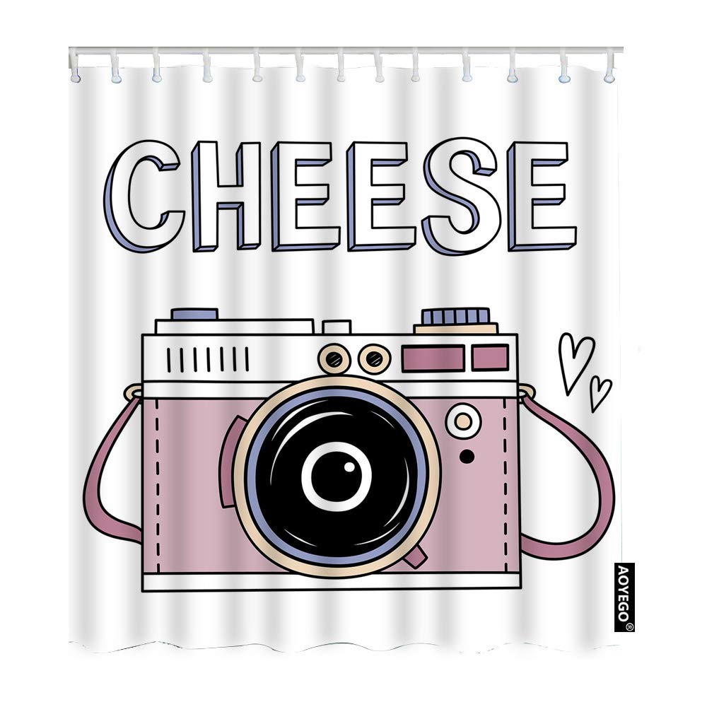 Vintage Pink Camera Shower Curtain - Cute Digital Photo & Heart Cheese Design - 72x90 Inch Waterproof Polyester Fabric Bathroom Decor with Hooks - Perfect for Photography Enthusiasts' Bathrooms, Retro Themed Showers, and Instagram-Worthy Home Decor
