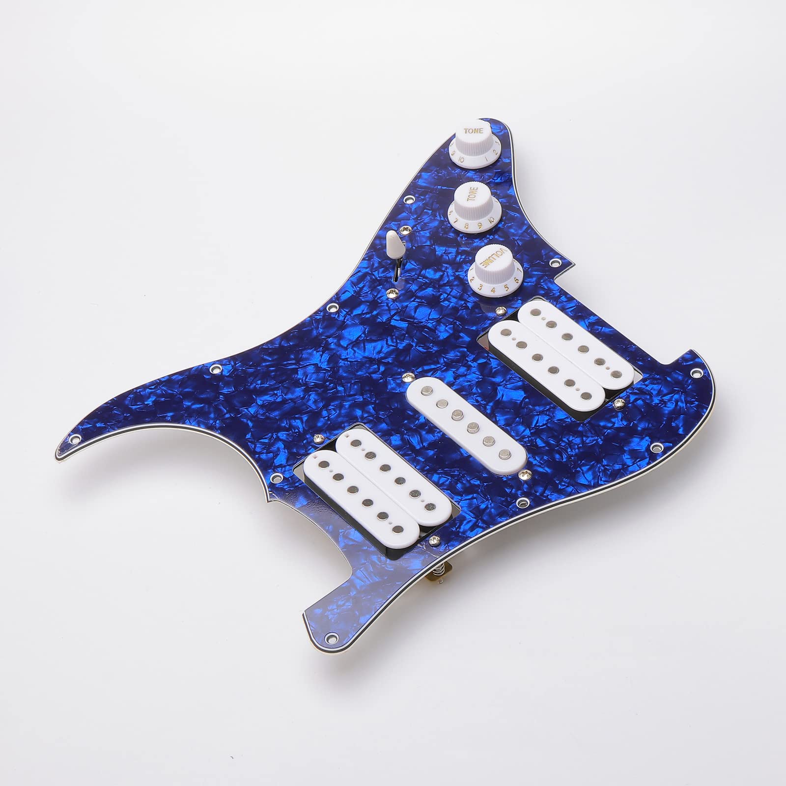 11 Hole Prewired HSH Pickguard with White Pickups for Stratocaster - 4 Ply Blue Pearl, Includes 6 Guitar Strings & Installation Tool - Perfect for DIY Guitar Upgrades & Custom Builds