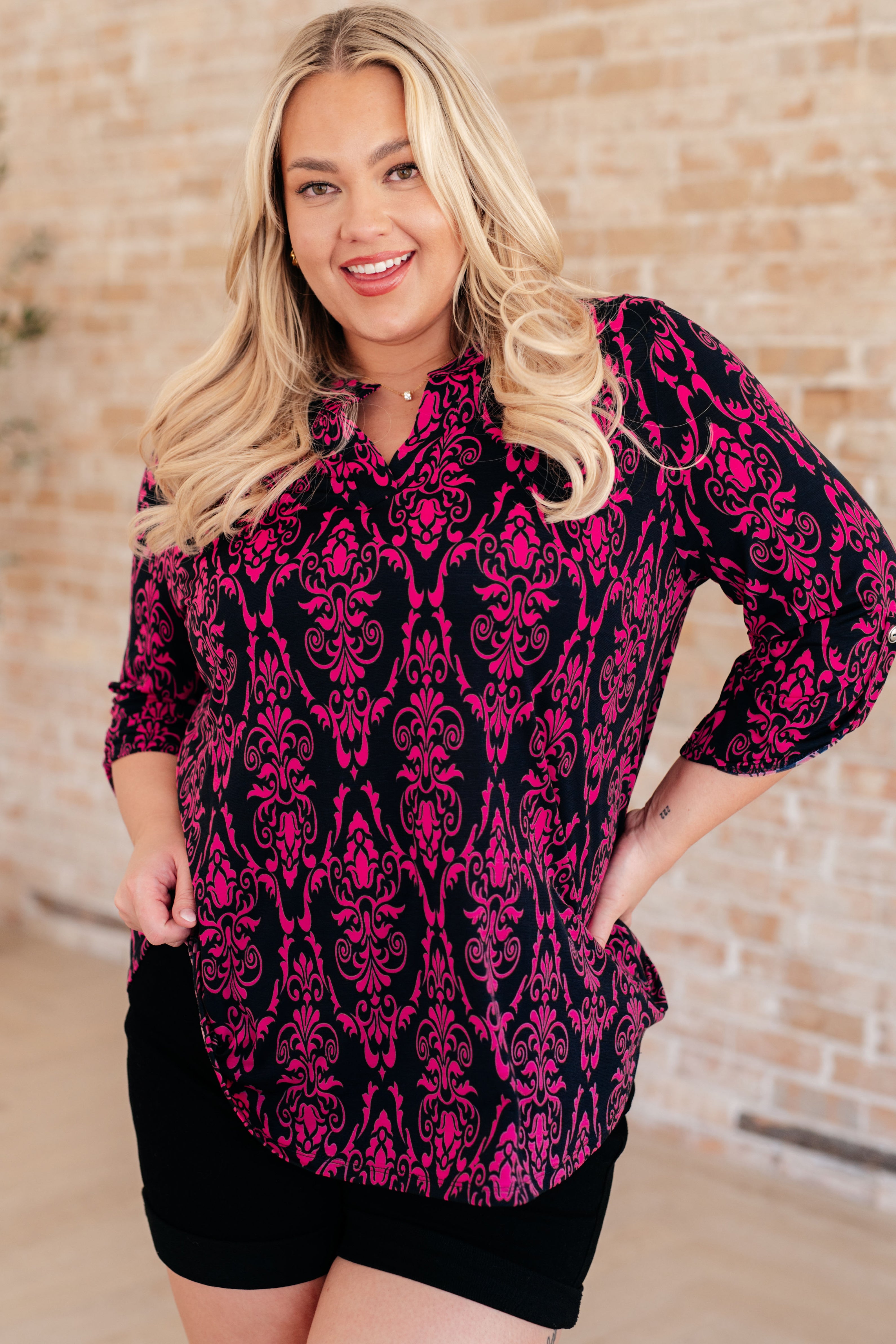 Lizzy Women's Navy & Hot Pink Damask Print Blouse - Stylish Casual Top for Work, Date Night & Everyday Wear