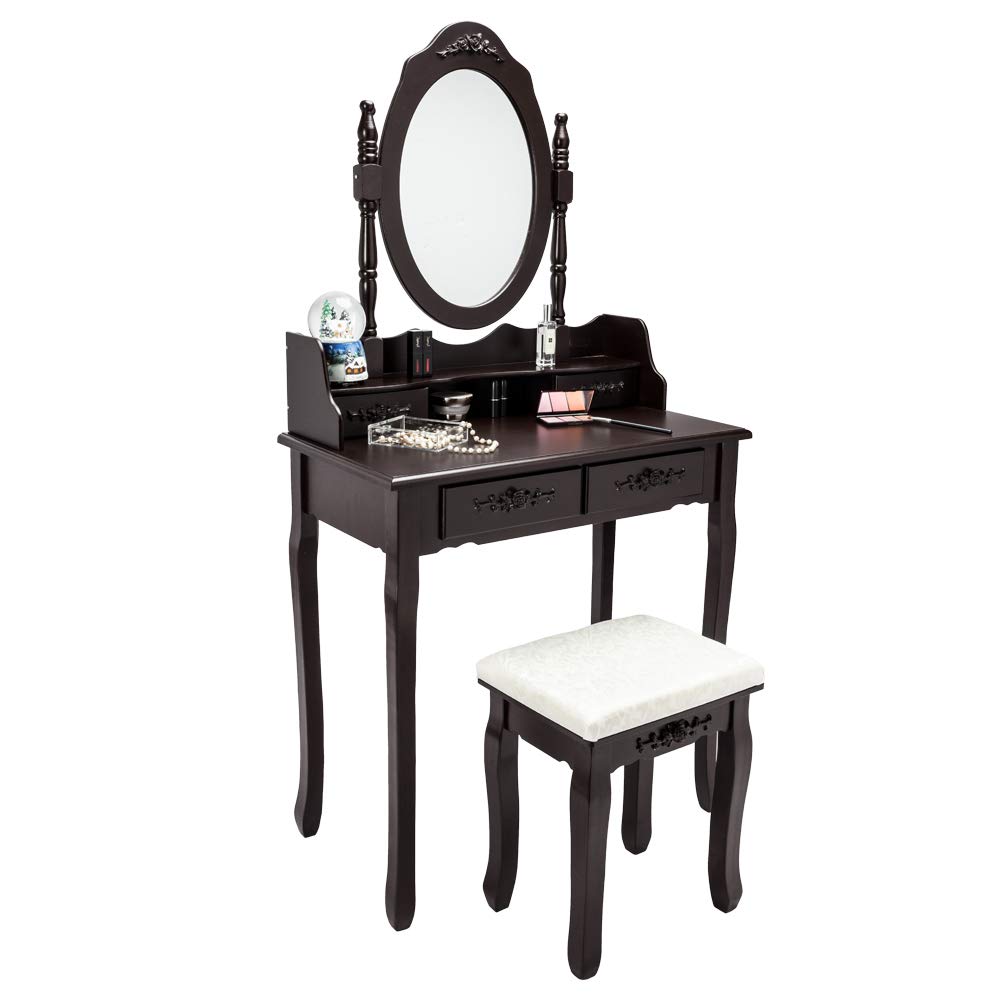 Brown Makeup Vanity Table with Stool & Removable Mirror - 4-Drawer Dressing Table with Cushioned Seat & Organizer - Perfect for Bedroom, Salon, and Bridal Makeup Setup