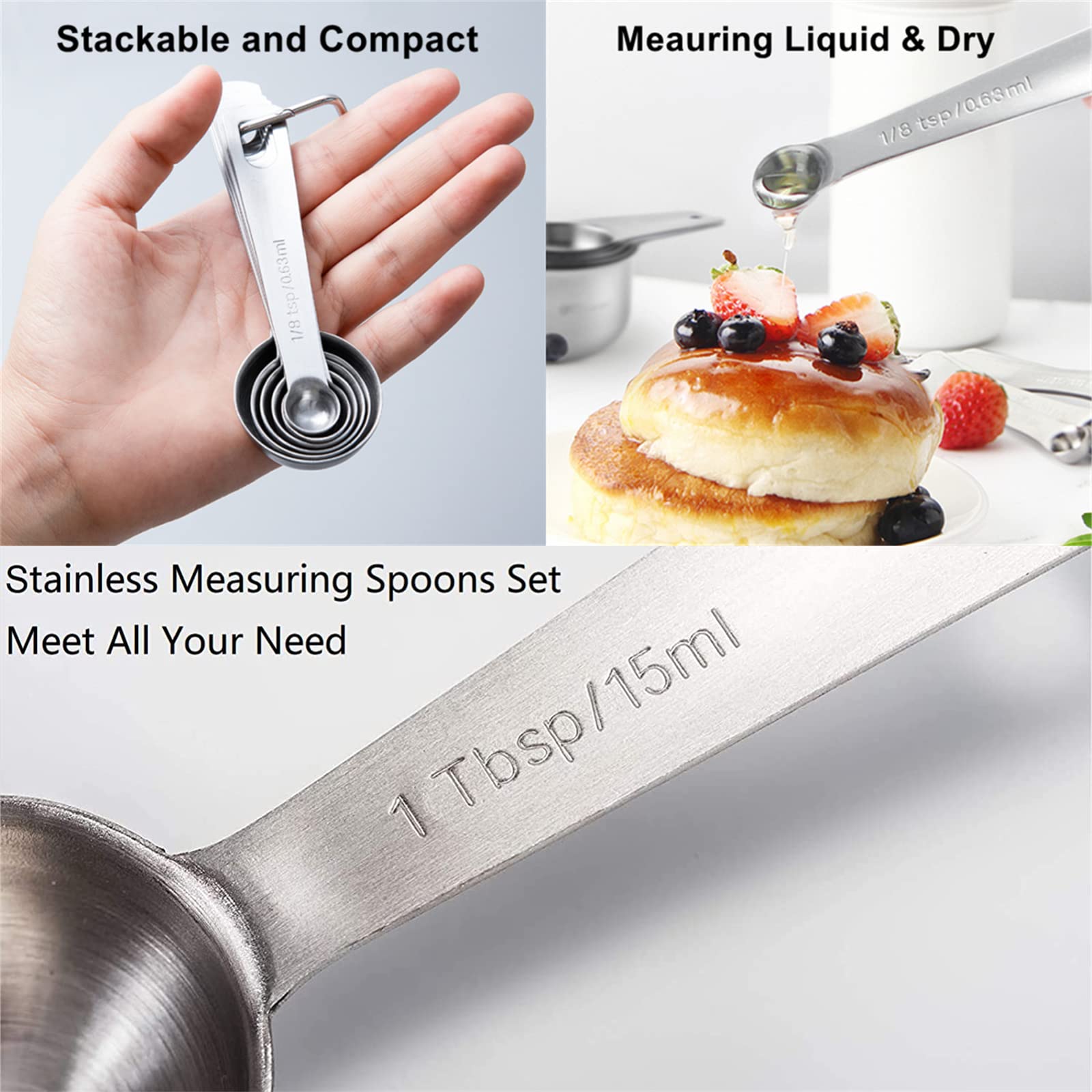 Premium Stainless Steel Measuring Spoons Set of 6 - Engraved Tablespoon & Teaspoon Scoops for Dry & Liquid Ingredients - Essential Baking & Cooking Utensils - Perfect for Spices, Flour, Sugar & Coffee - Ideal for Home Kitchen & Professional Baker Use