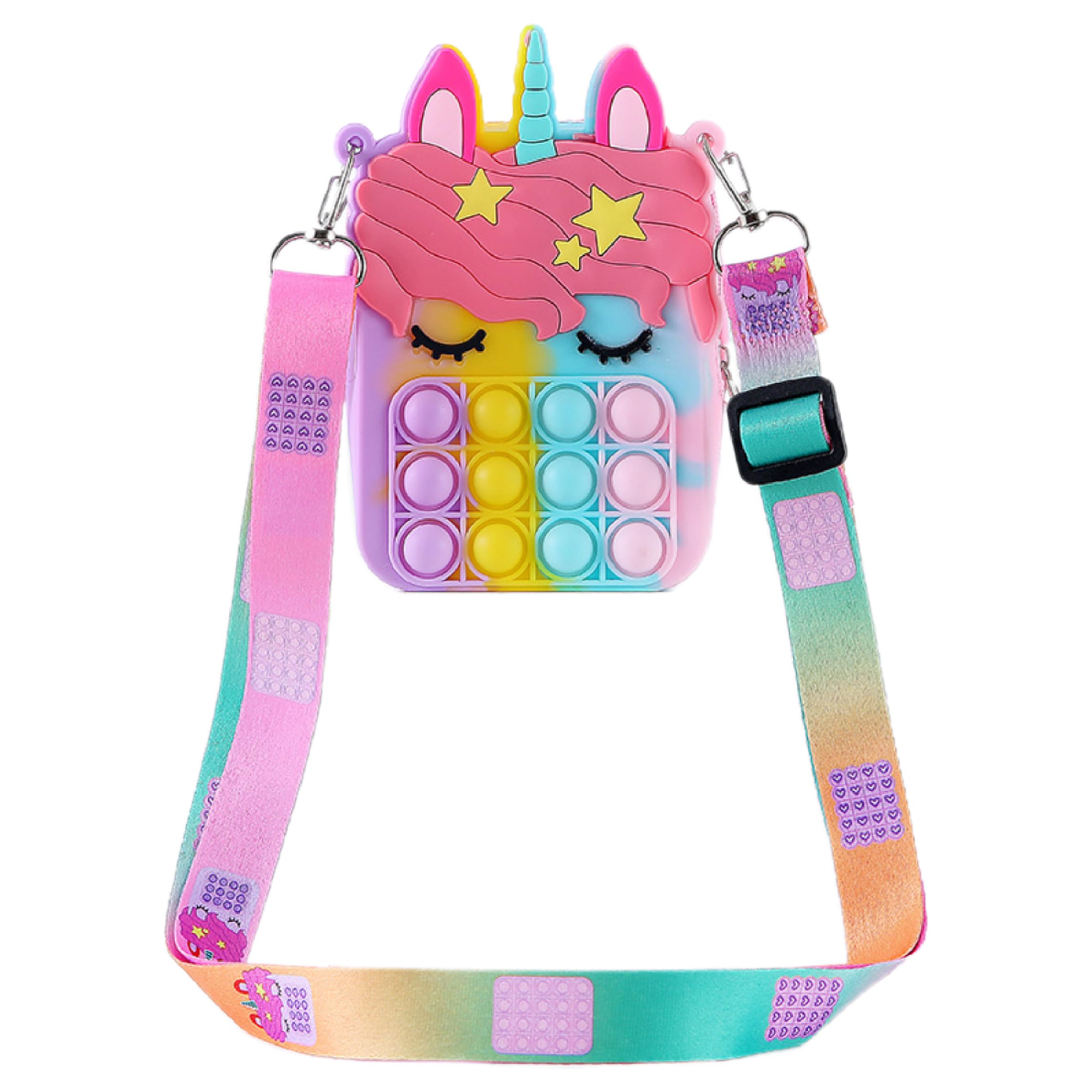 TNSRAY Unicorn Pop It Fidget Bag - 2 in 1 Pop Bubble Push Toy with Adjustable Silicone Shoulder Strap, Sensory Stress Relief Gift for Kids Ages 5-8 - Perfect for Travel, School & Anxiety Relief
