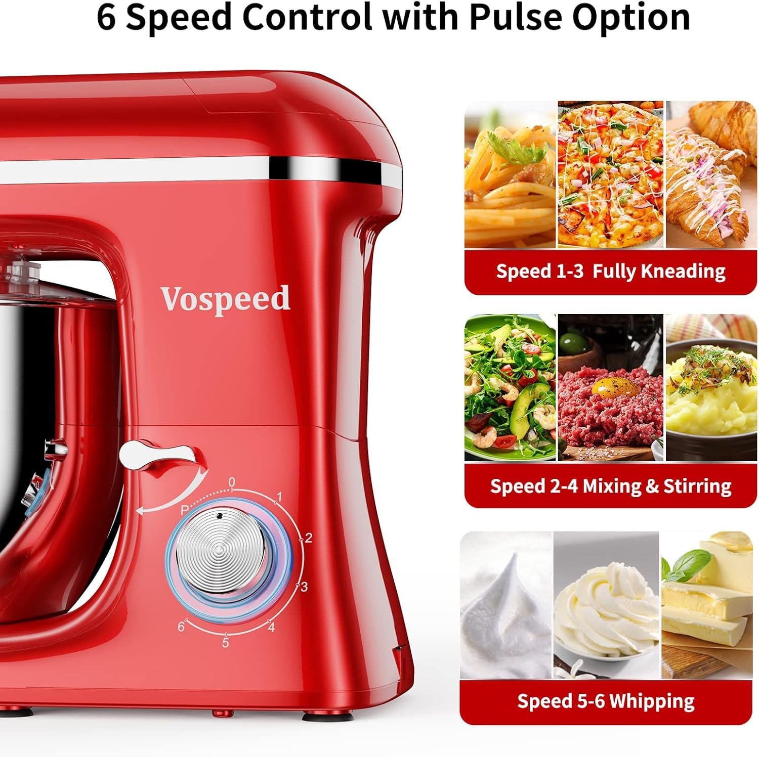 Vospeed 9-in-1 Stand Mixer 850W - Tilt-Head Electric Kitchen Mixer with 8 QT Stainless Steel Bowl, 1.5L Glass Jar, Meat Grinder, Dough Hook, Whisk & Beater - Dishwasher Safe (Red) - Perfect for Baking, Cooking, Grinding Meat & Mixing Dough at Home