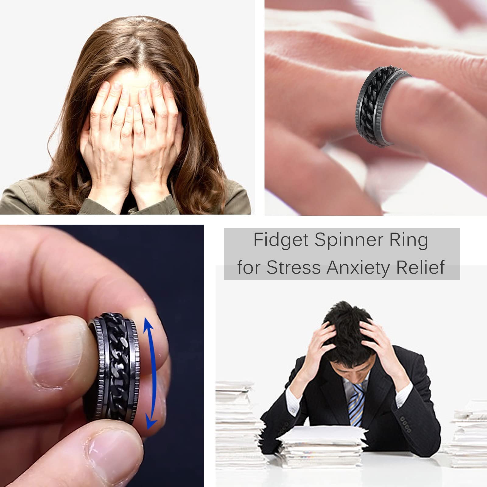 **Anxiety Relief Fidget Rings for Women & Men - 8MM Stainless Steel Intertwined Curb Chain Rings Set (5pcs) - Stress Relief Therapy Jewelry in Silver/Gold/Black/Blue - Sizes 6-13 - Perfect for ADHD, Anxiety, Focus & Office Use**