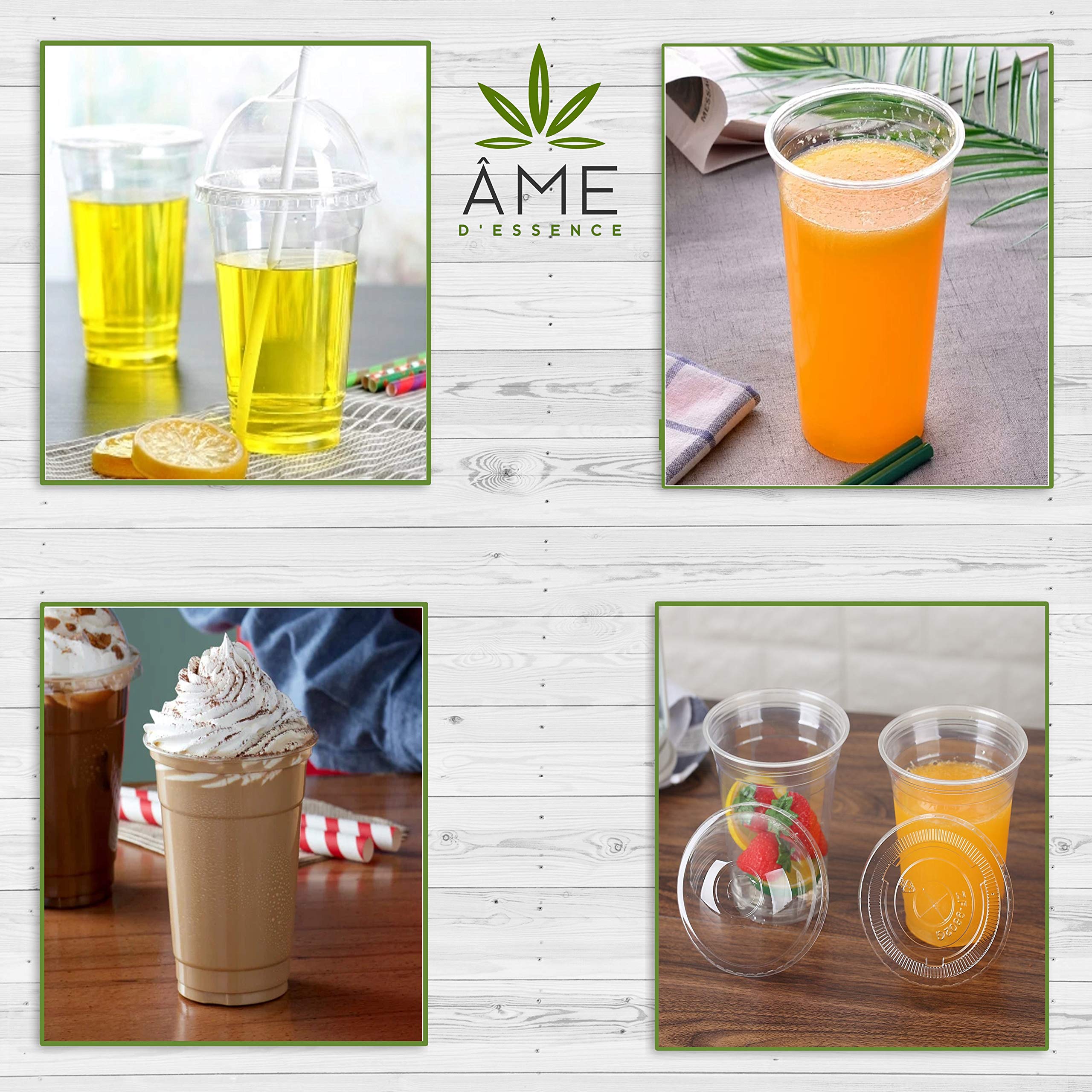 200-Pack AME D'ESSENCE 12 oz Disposable Clear Plastic Cups with Flat Lids & Bonus Straws - Perfect for Iced Coffee, Parties, and Beverage Service (100 Cups + 100 Lids)