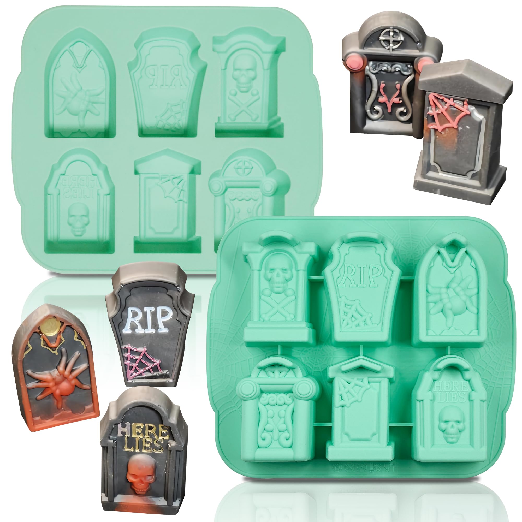 Halloween Silicone Mold Set of 2 - RIP Gravestone Ice Cube Tray for Chocolate, Candy, Jello, Cake & Soap Making - Perfect for Spooky Party Decor & DIY Halloween Treats